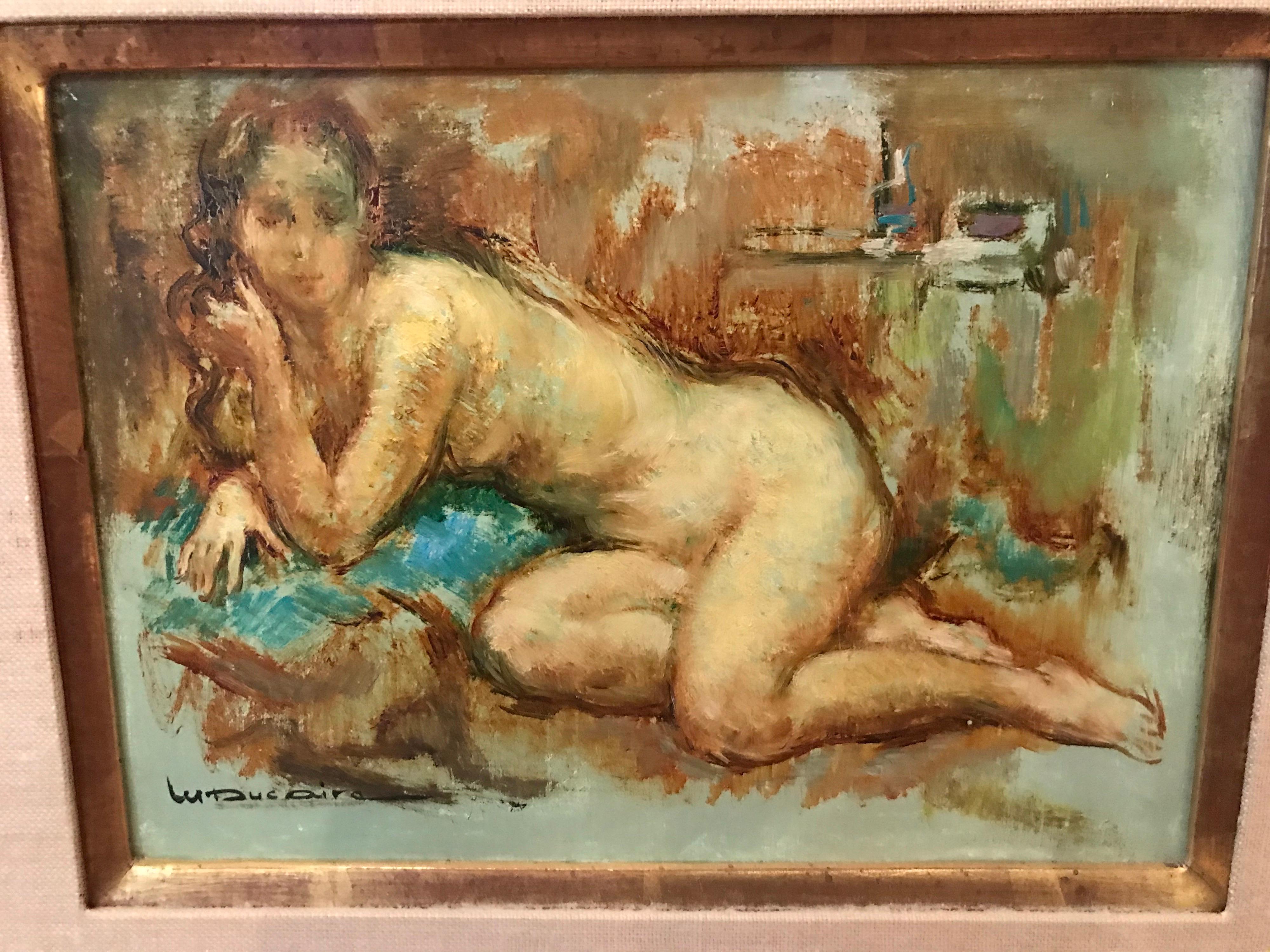 Dies ist ein schönes Ölgemälde einer nackten Frau, die sich zurücklehnt, gemalt von der französischen impressionistischen Künstlerin Maryse Ducaire (1911-1992).