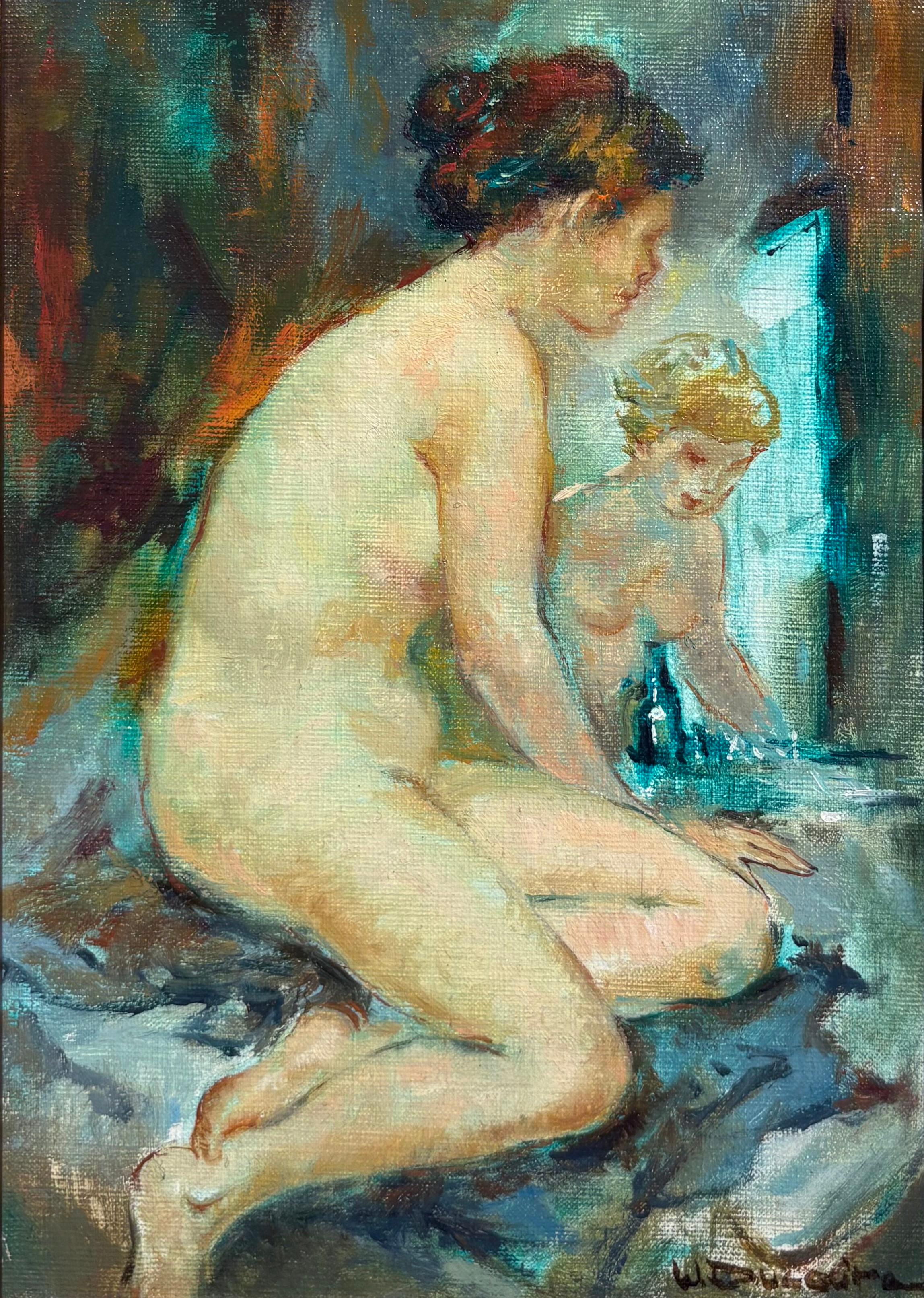 Maryse Ducaire-Rogue Figurative Painting – Sitzender Akt, Französischer Impressionist, Frauen, Häusliche Szene