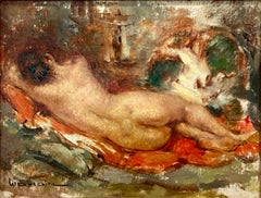"Nudo sdraiato" Pittura ad olio impressionista di figure femminili in interni con cornice