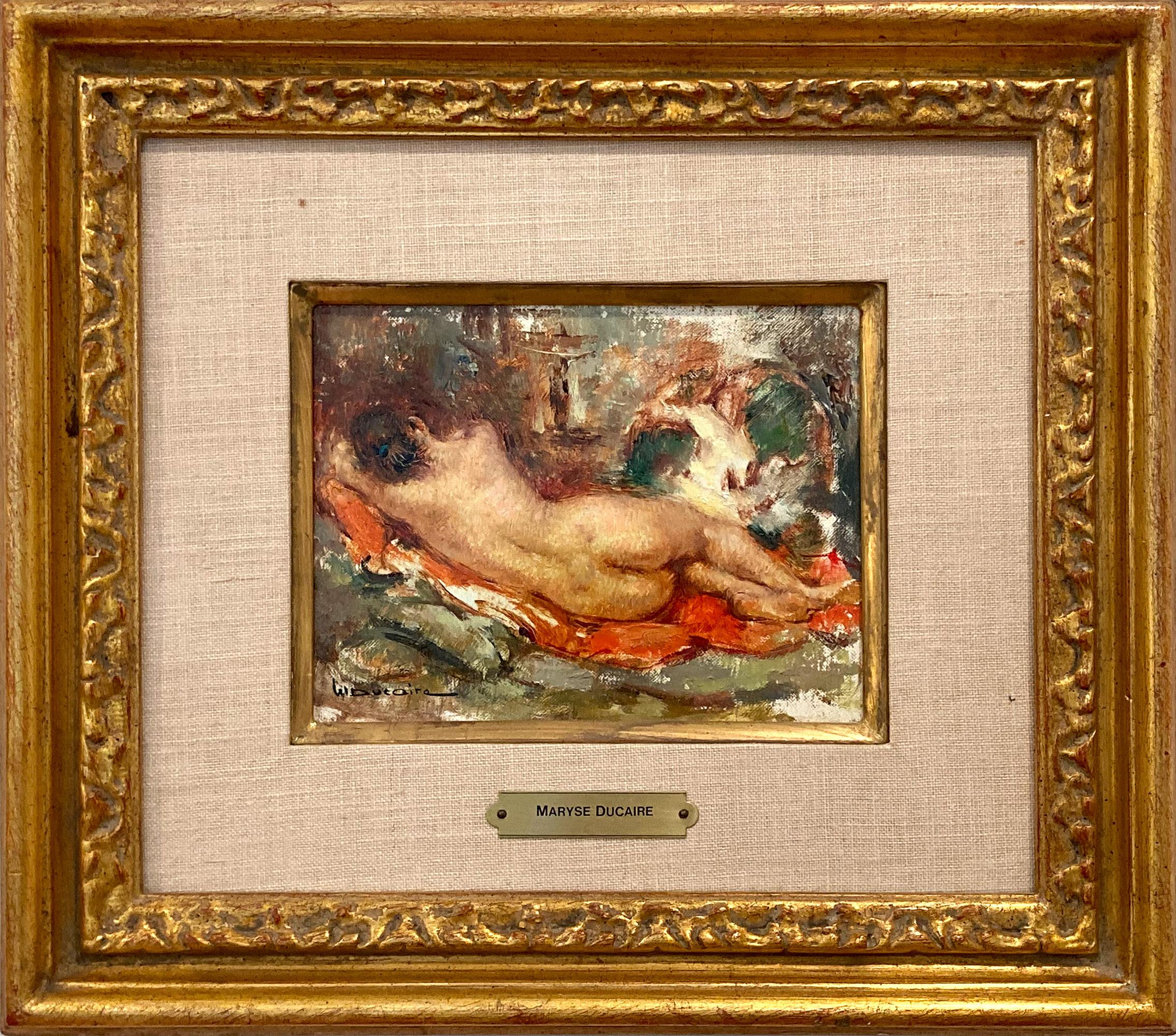 "Reclining Nude" Impressionist Interior Female Figure Oil Painting Framed