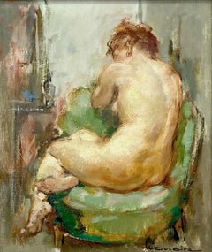 "Nu" Impressionist Interior Seated Nude Female Figure Oil Painting on Canvas