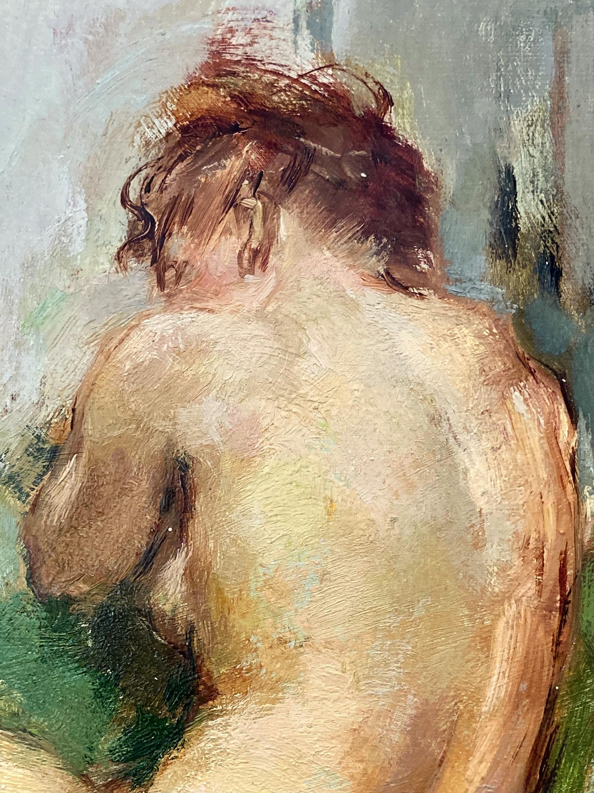A Mid-20th Century charming oil painting depicting a seated nude woman in a whimsical interior scene, Ducaire was known for her charming intimate figurative scenes portraying female nudes reminiscent of great masters of Impressionism. Ducaire