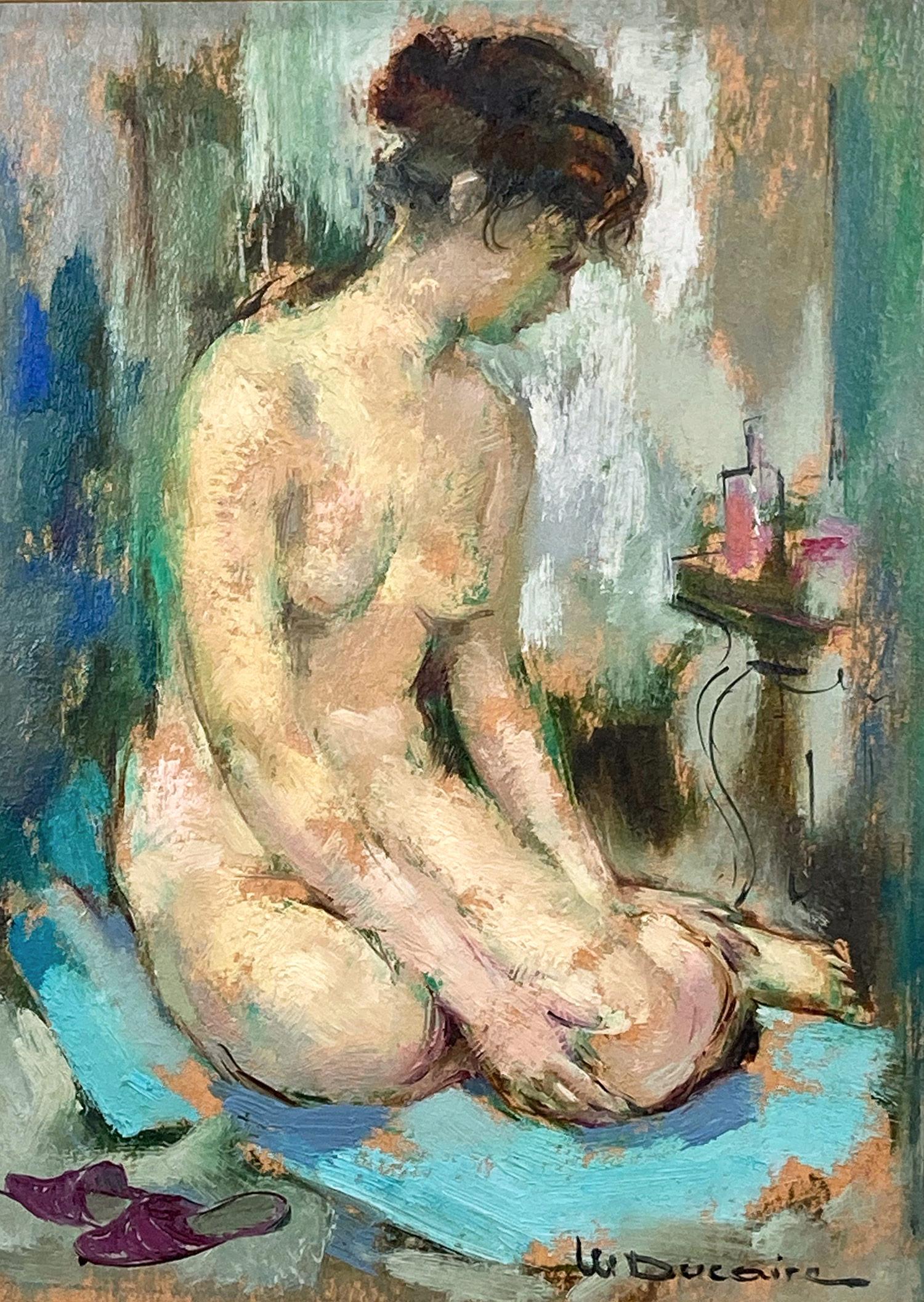 Impressionistische Interieurszene, weibliche Figur, Ölgemälde auf Karton, sitzender Akt – Painting von Maryse Ducaire Roque