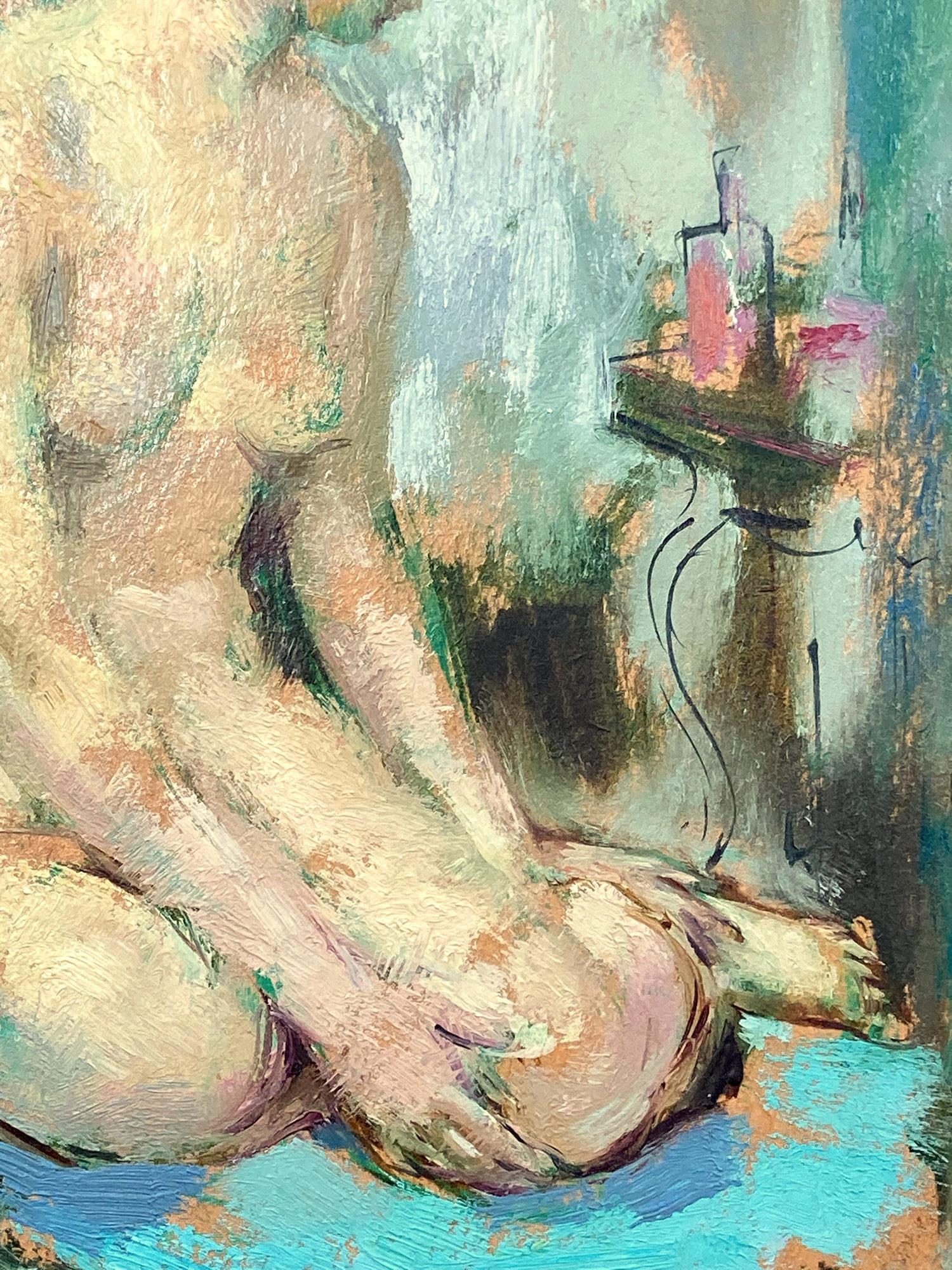 Impressionistische Interieurszene, weibliche Figur, Ölgemälde auf Karton, sitzender Akt (Post-Impressionismus), Painting, von Maryse Ducaire Roque