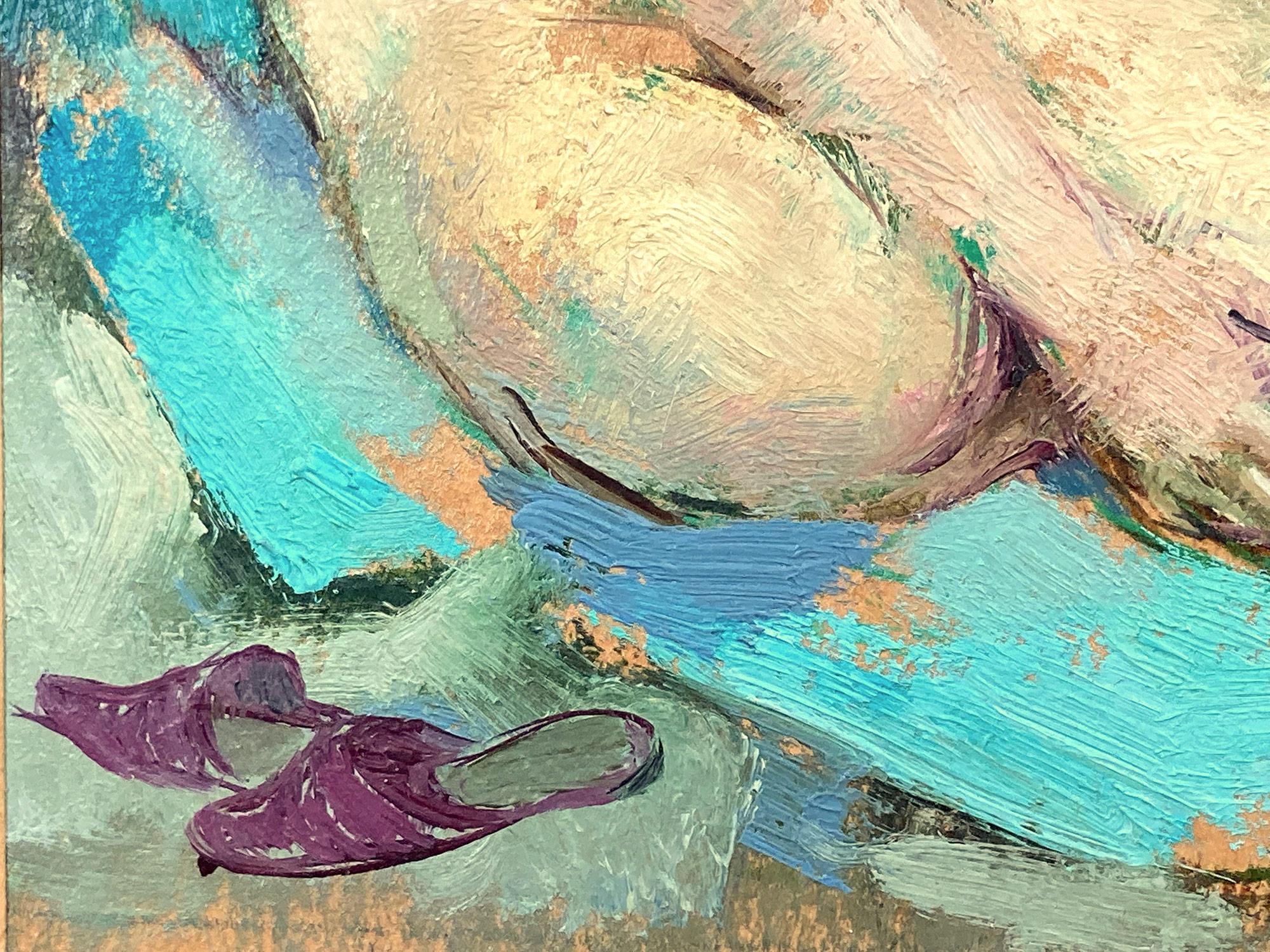 Ein charmantes Ölgemälde aus der Mitte des 20. Jahrhunderts, das eine sitzende nackte Frau in einer skurrilen Innenraumszene zeigt. Ducaire war bekannt für ihre charmanten intimen figurativen Szenen, die weibliche Akte darstellen und an die großen