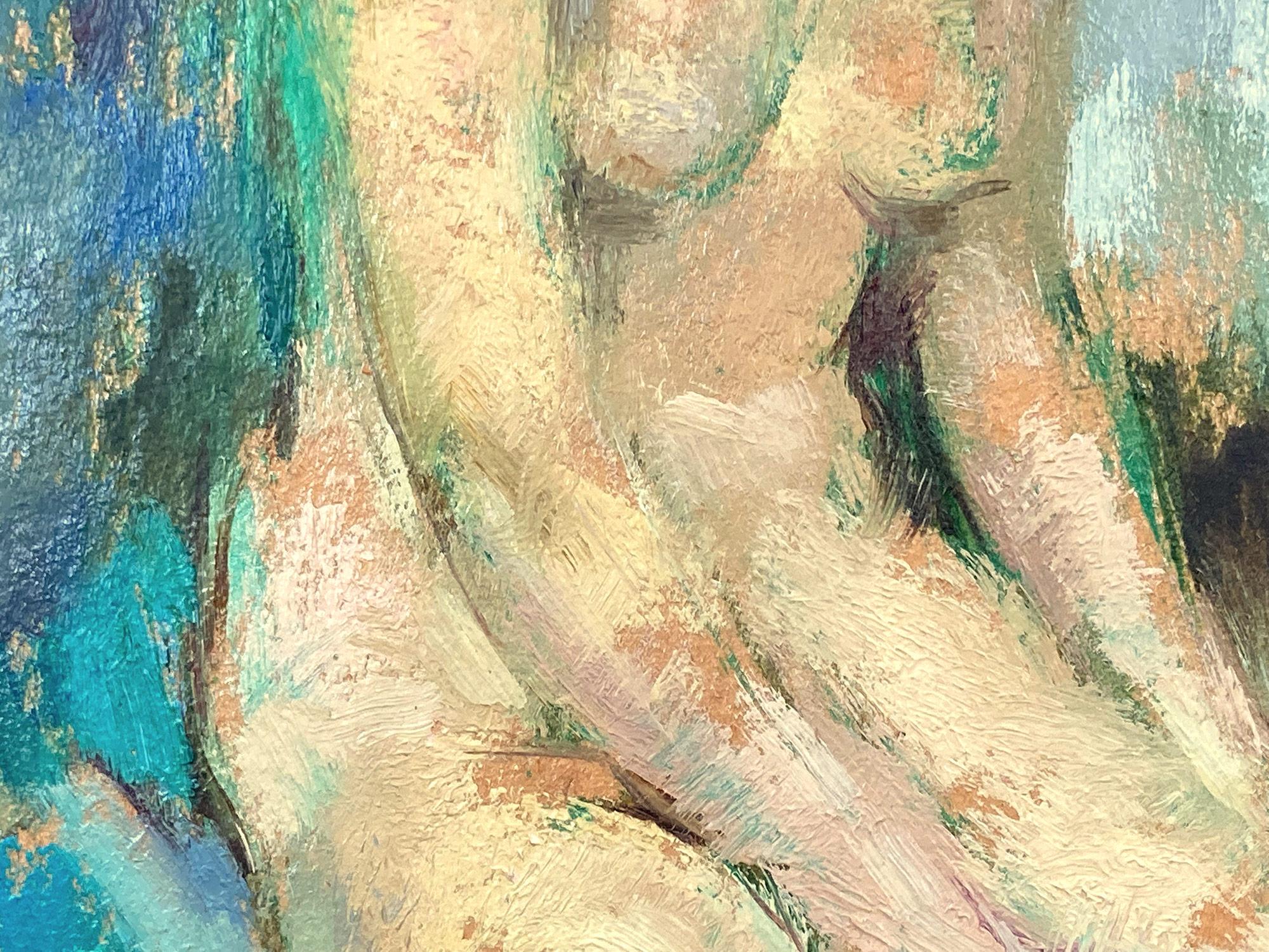 Impressionistische Interieurszene, weibliche Figur, Ölgemälde auf Karton, sitzender Akt im Angebot 1