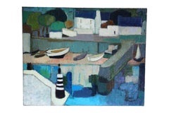 Large French Vintage Landscape Abstract Impressionist Coastal Oil Painting