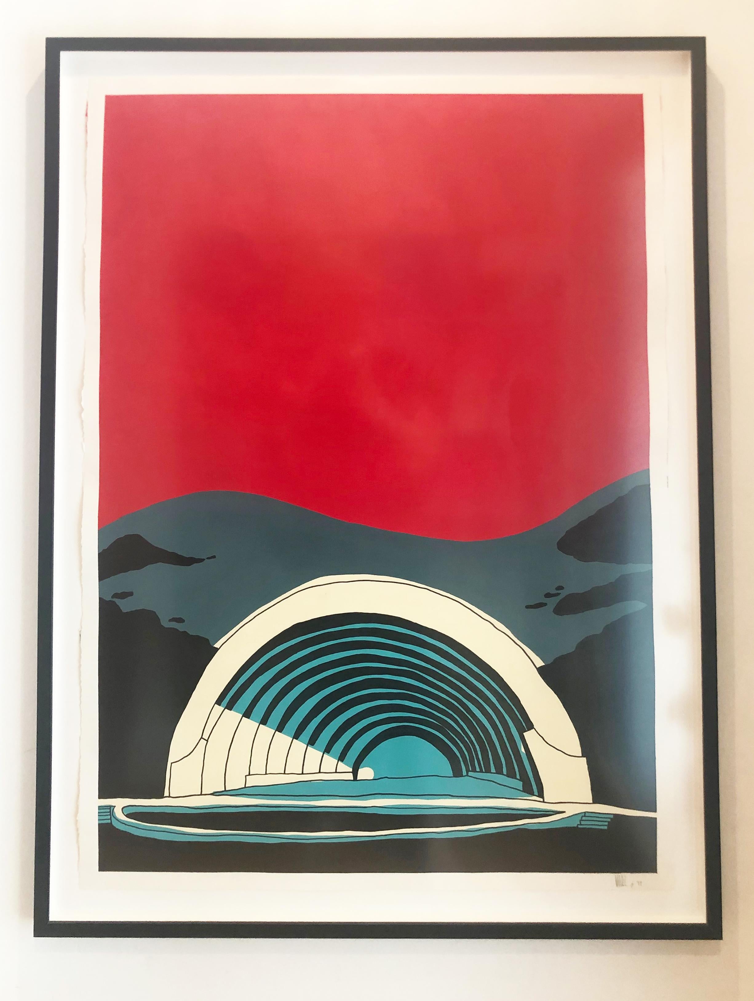 Marz Junior Figurative Painting - "Hollywood Bowl" -Red Acrylic & Ink on Paper Framed