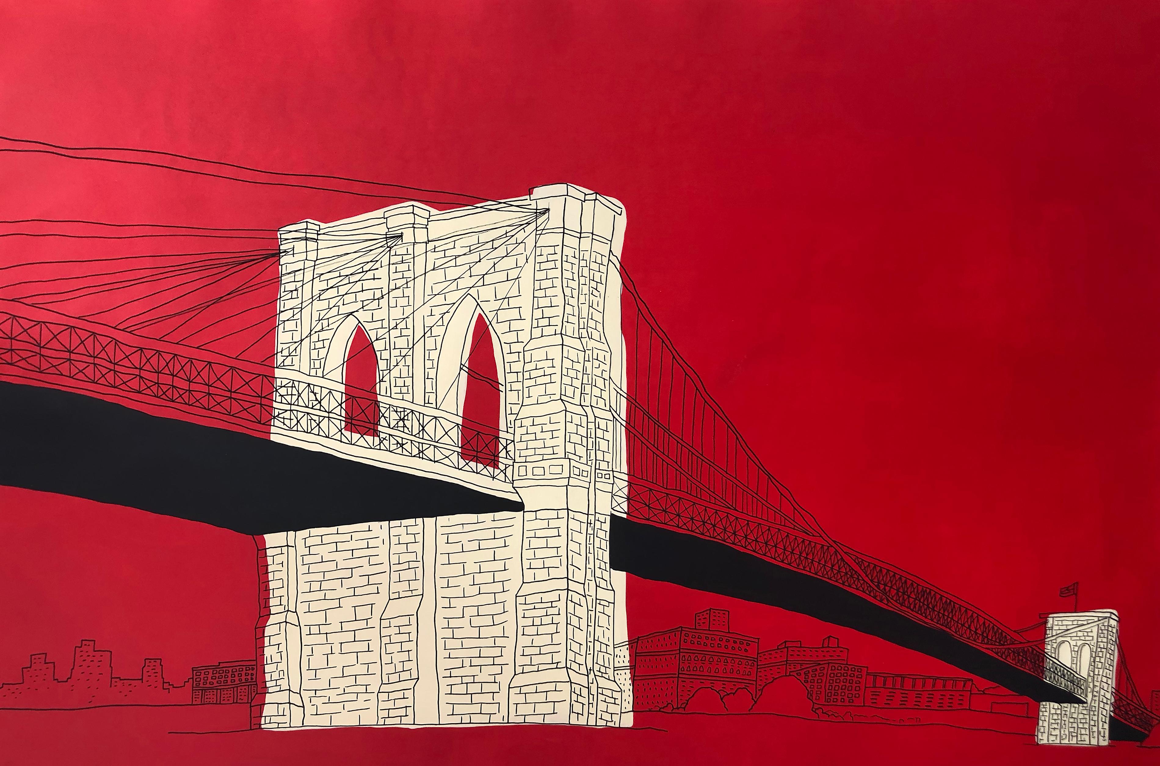 Marz Junior Figurative Painting - "NYC Brooklyn Bridge"  Acrylic & Ink on Paper Framed