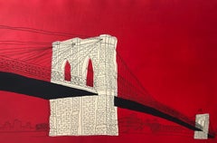"NYC Brooklyn Bridge"  Acrylic & Ink on Paper Framed