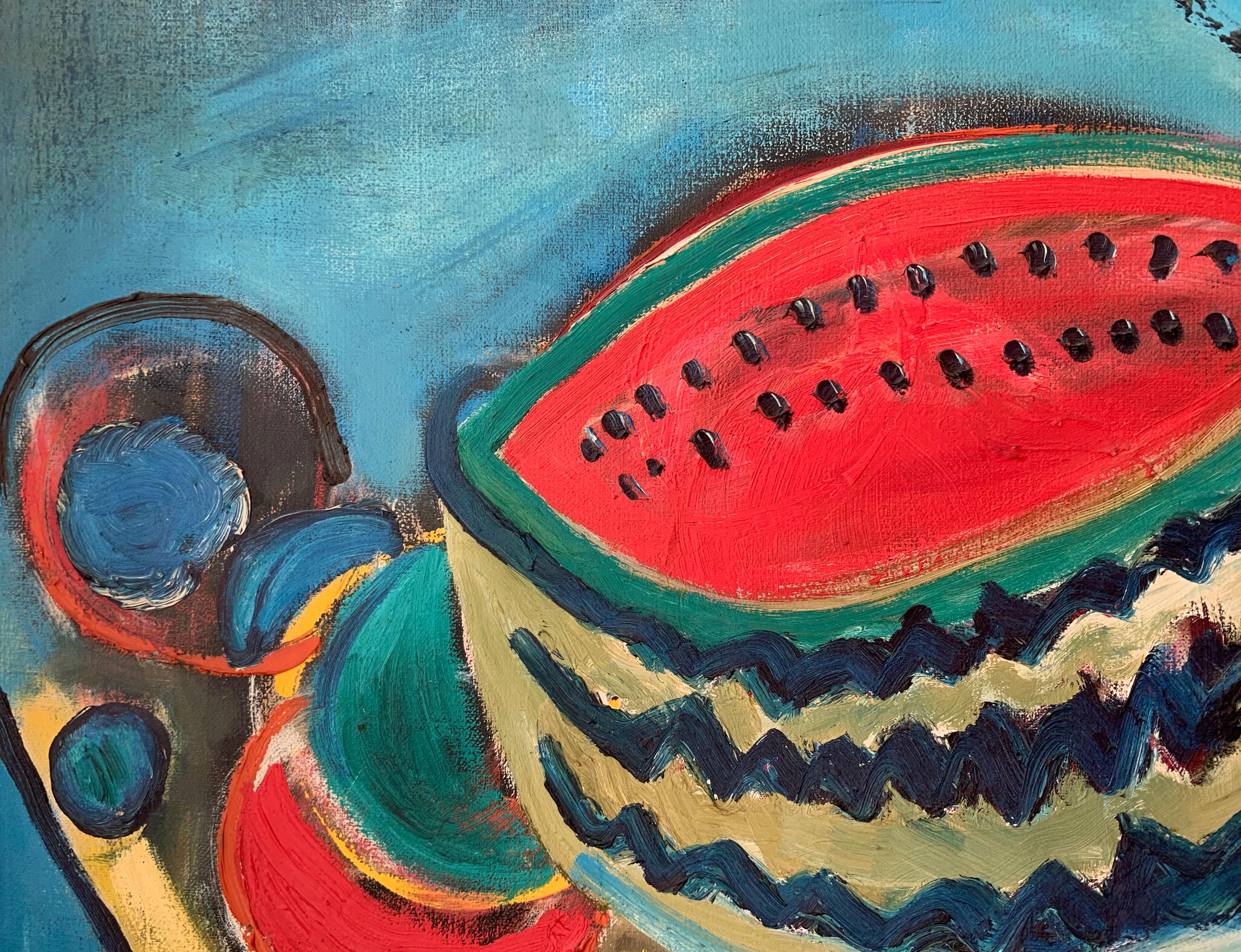 Bodegón con sandía - Siglo XX, Pintura acrílica y al óleo, Colores vivos en venta 2