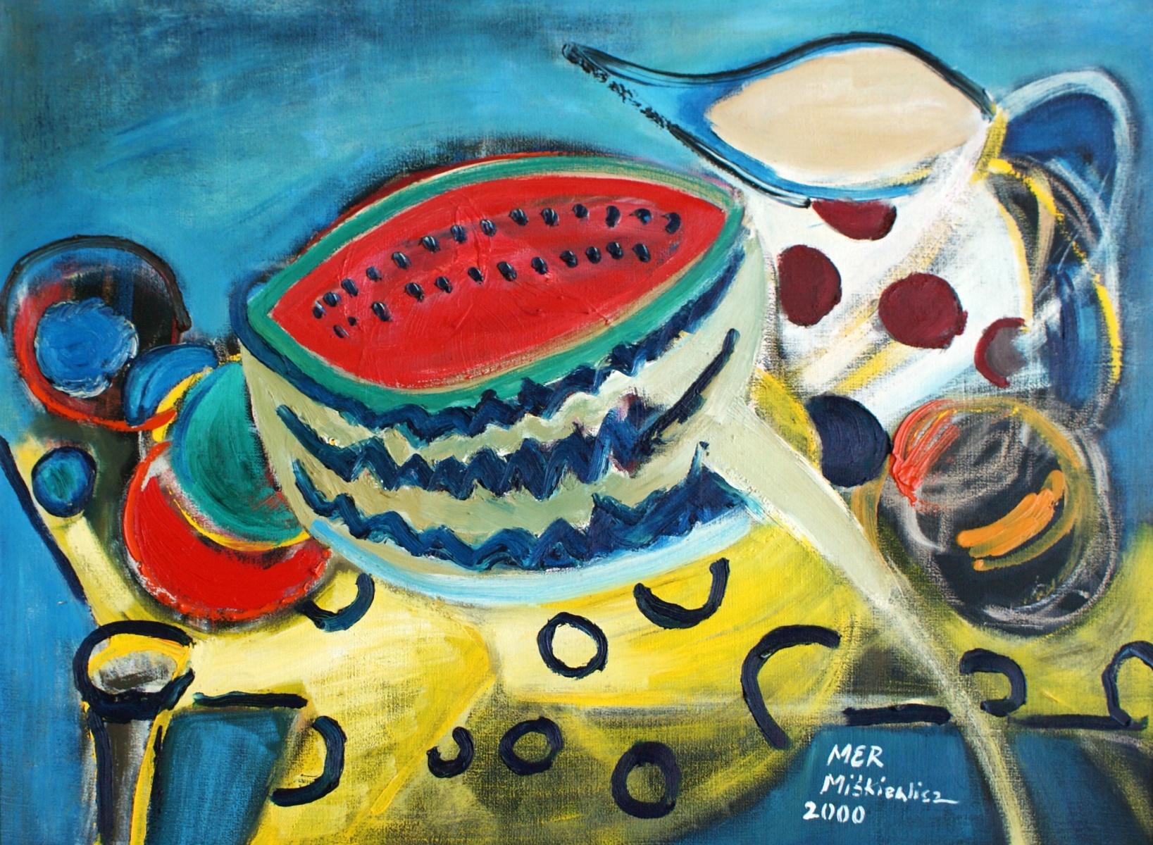 Stillleben mit einem Wassermelonen – XX Jahrhundert, Acryl- und Ölgemälde, leuchtende Farben – Art von Marzena Miskiewicz