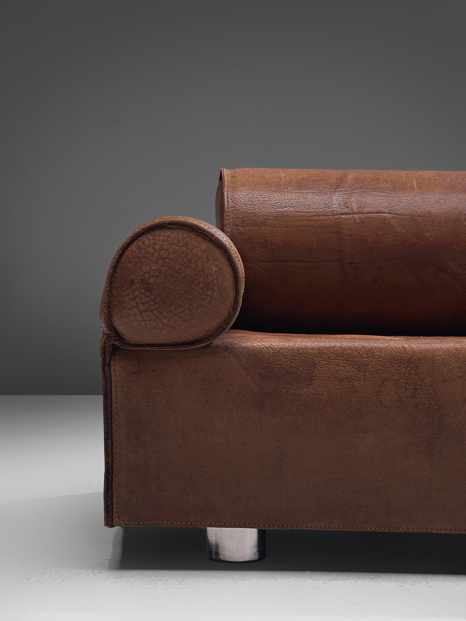 Mid-Century Modern Marzio Cecchi Brown Buffalo Leather Sofa