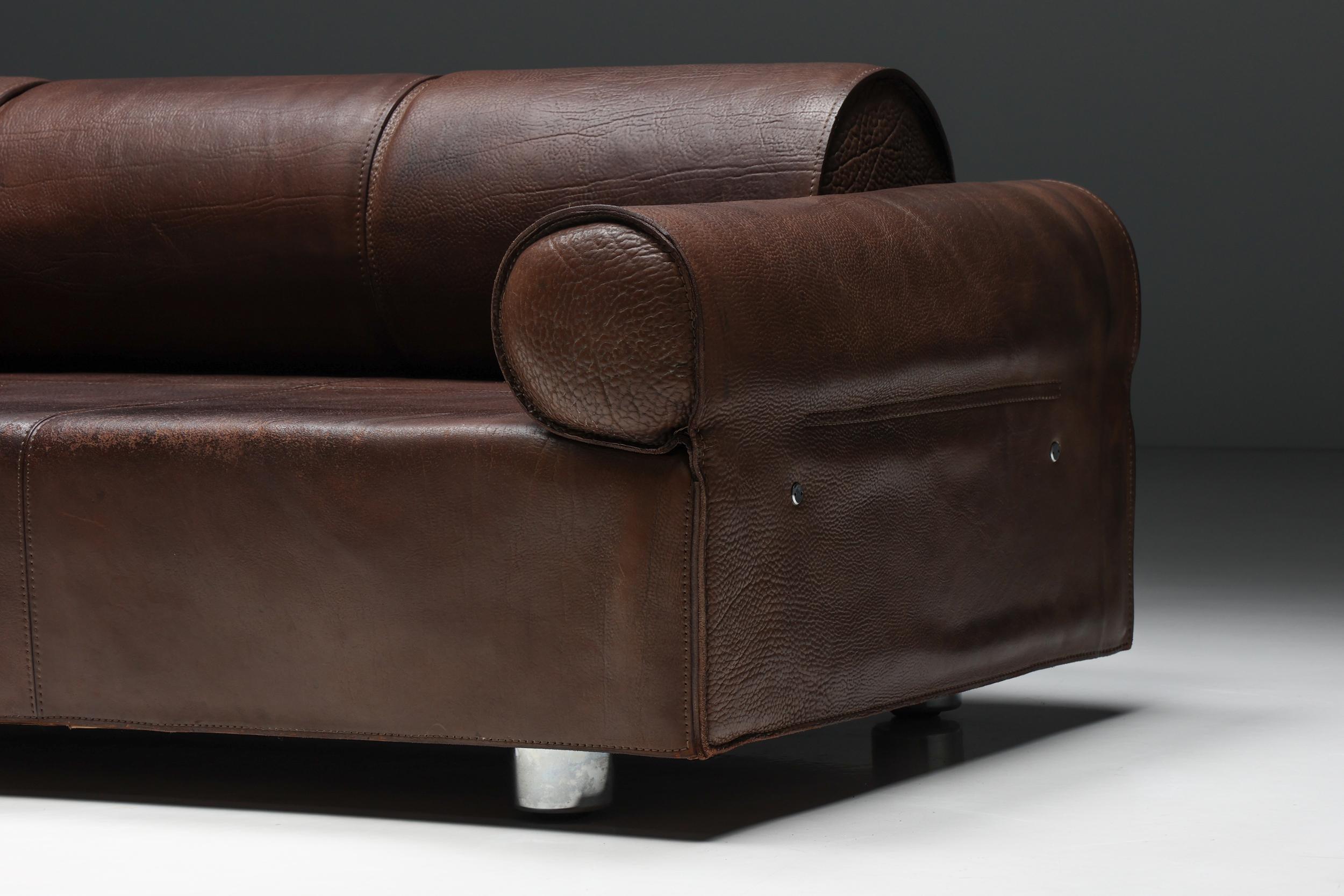 Marzio Cecchi Brown Buffalo Leather Sofa, Italy, 1970s For Sale 1
