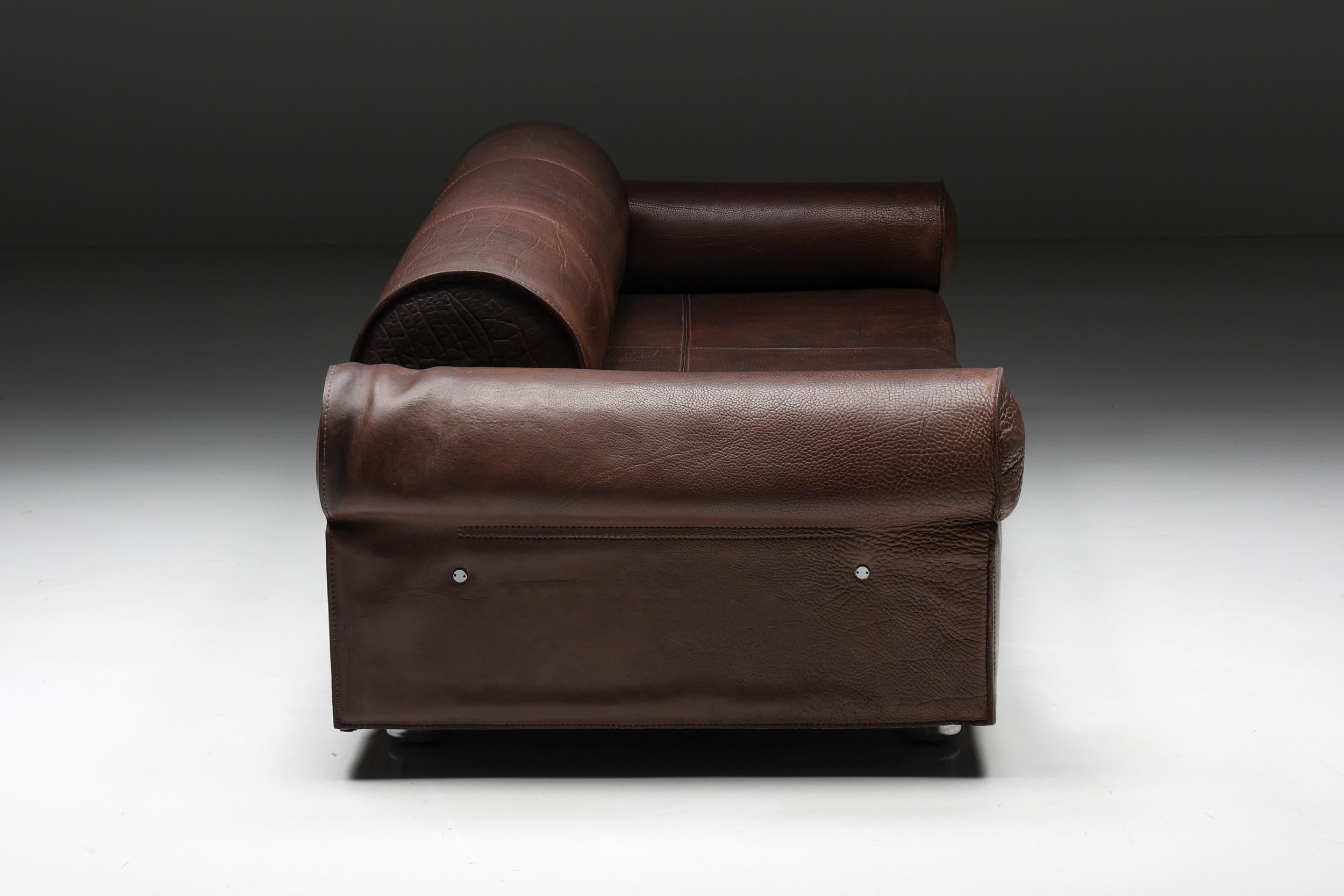 Italian Marzio Cecchi Brown Buffalo Leather Sofa, Italy, 1970s For Sale