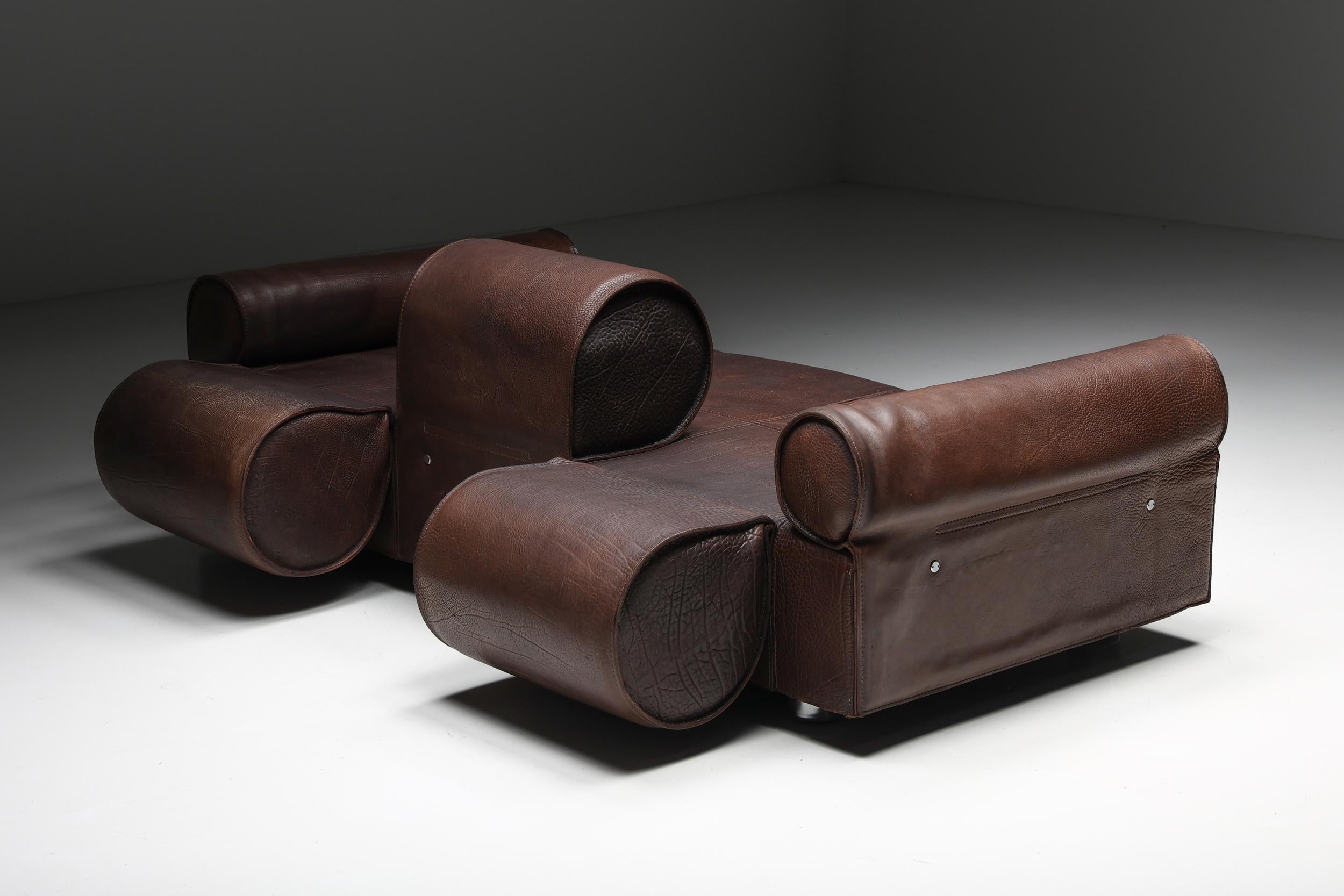 Late 20th Century Marzio Cecchi Brown Buffalo Leather Sofa, Italy, 1970s For Sale