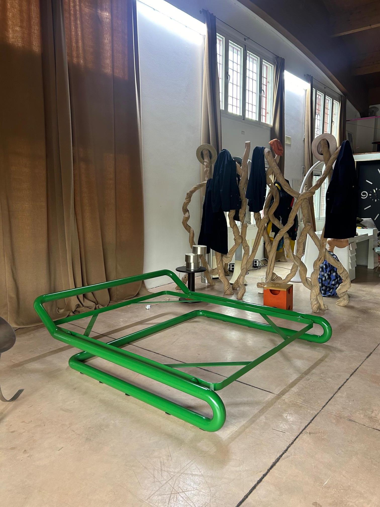 Rare green enamel cantilever bed frame by visionary architect Marzio Cecchi (b1940 – 1990). Produced by his design practice Studio Most, his pieces were limited run made-to-order, and so are highly scarce and collectible. Cecchi could be said to be