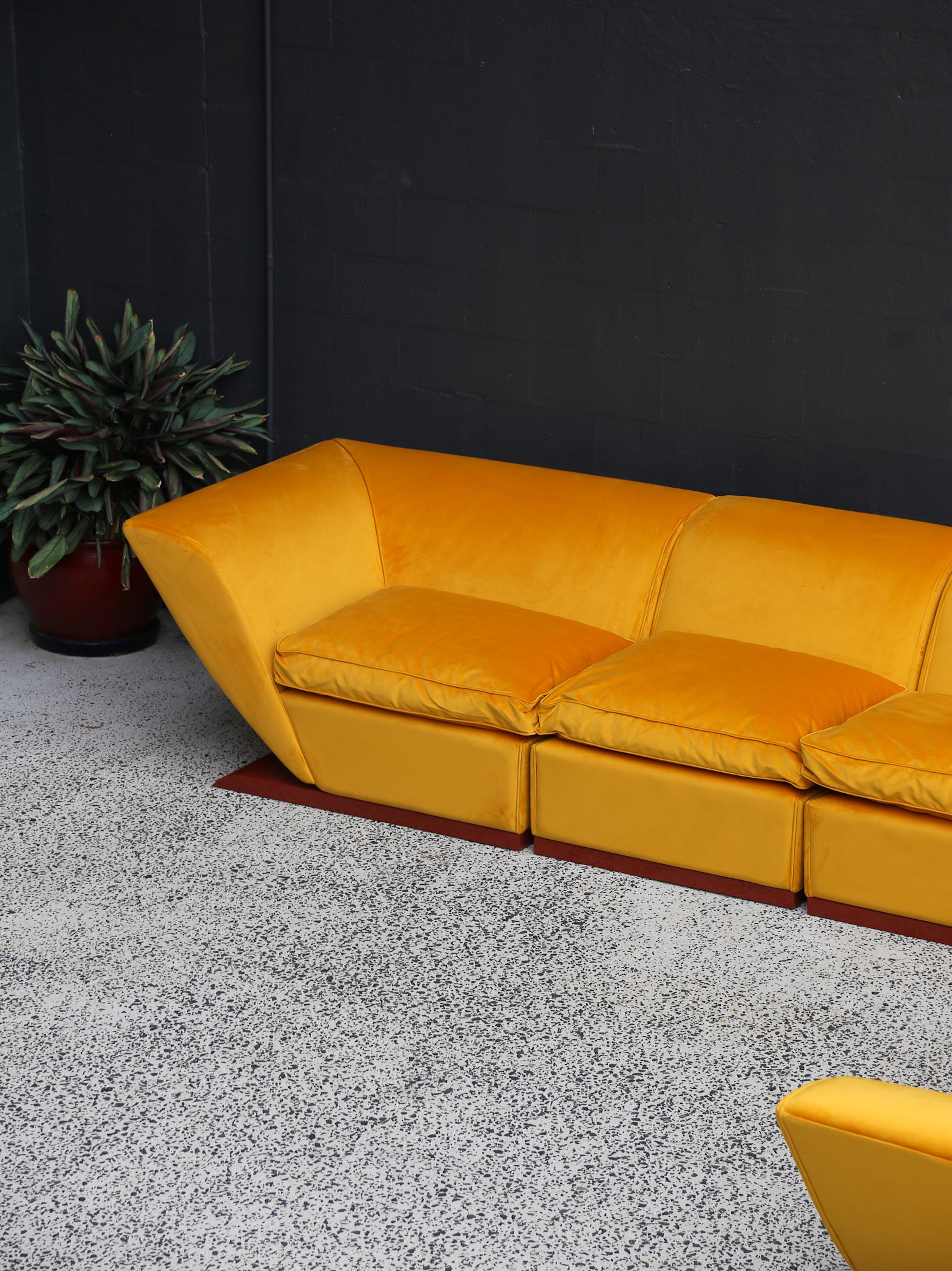 Marzio Cecchi Custom Floating Five Seater Sofa in Mustard Yellow Velvet For Sale 3