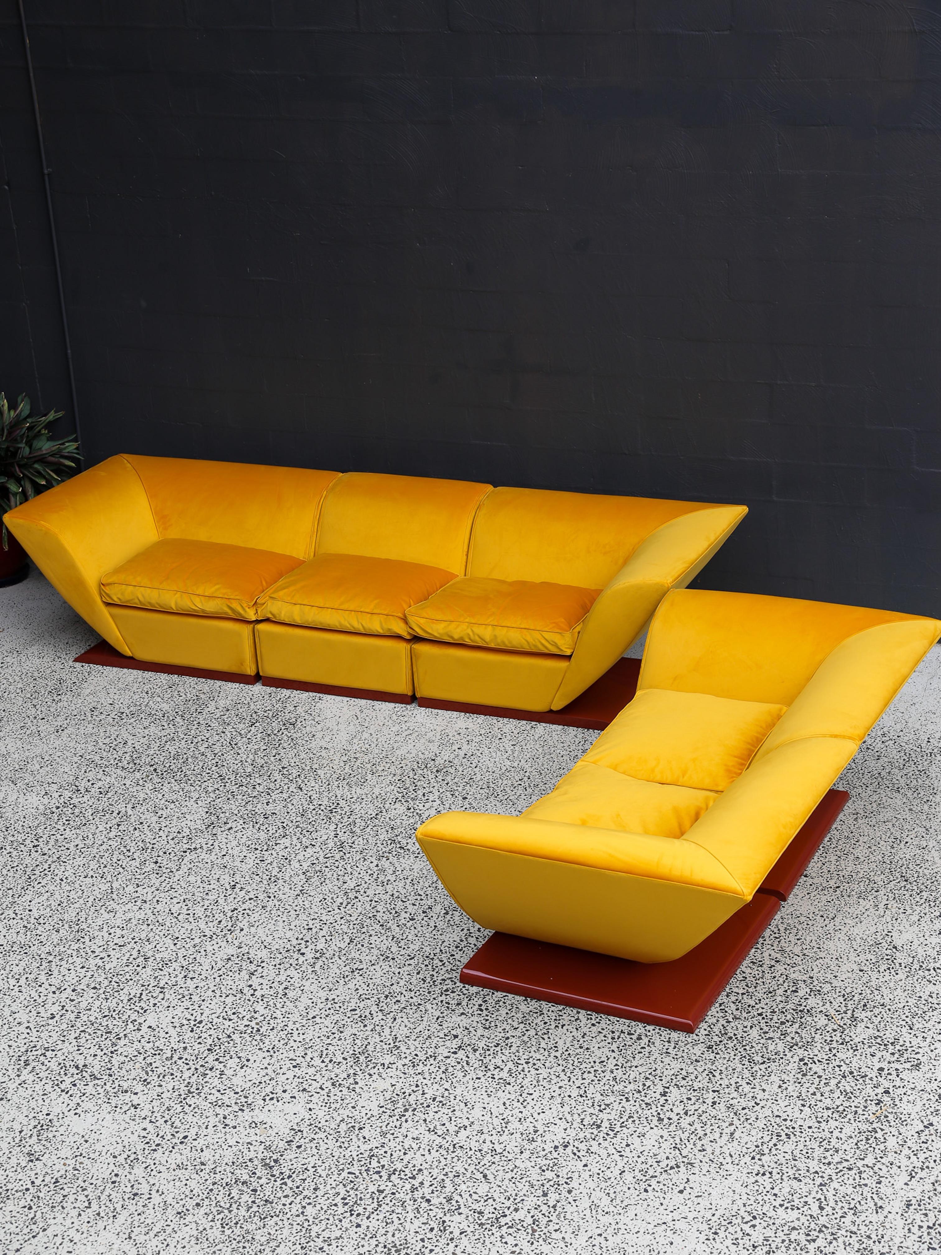 Marzio Cecchi Custom Floating Five Seater Sofa in Mustard Yellow Velvet For Sale 4