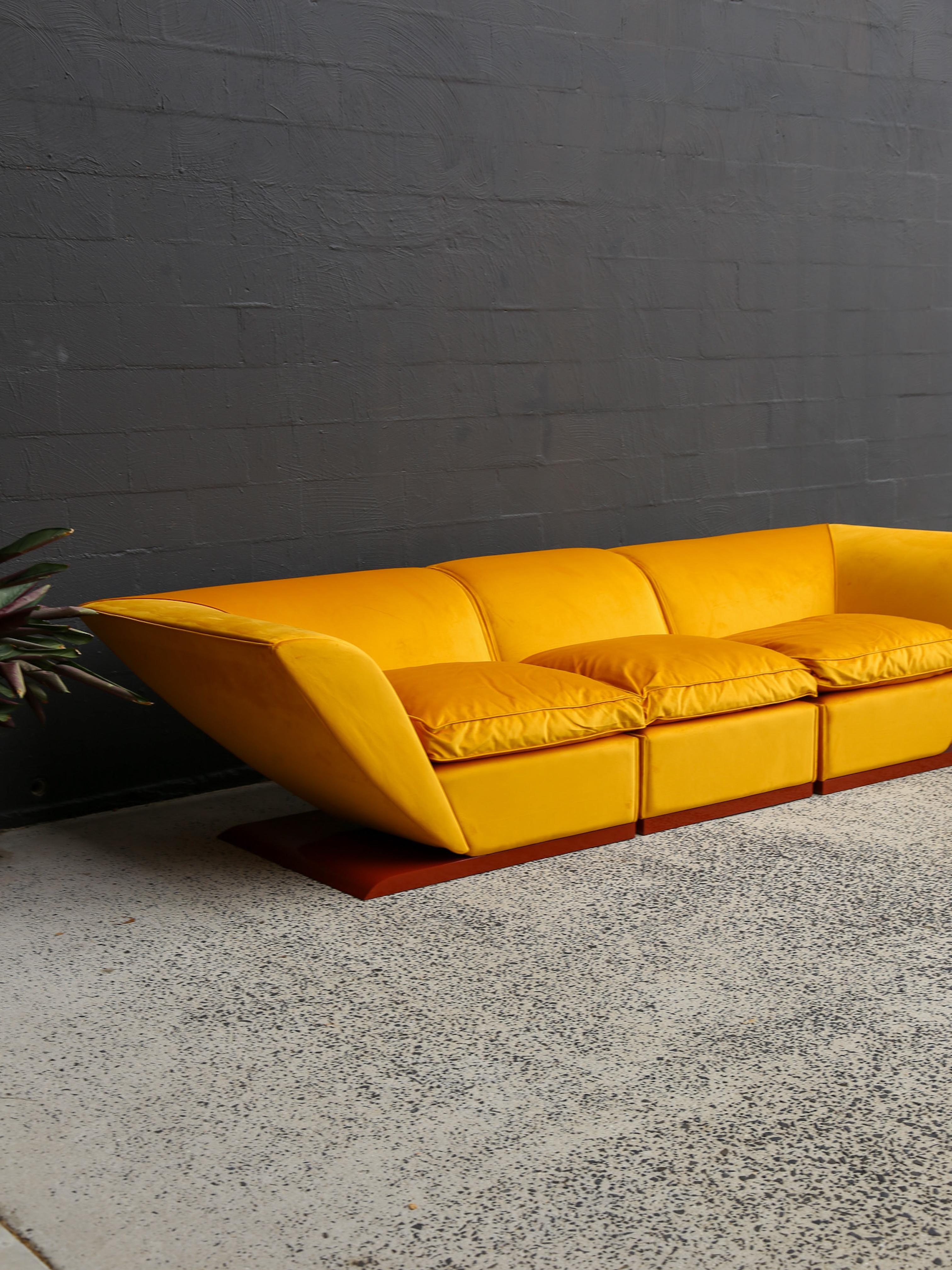 Marzio Cecchi Custom Floating Five Seater Sofa in Mustard Yellow Velvet For Sale 7