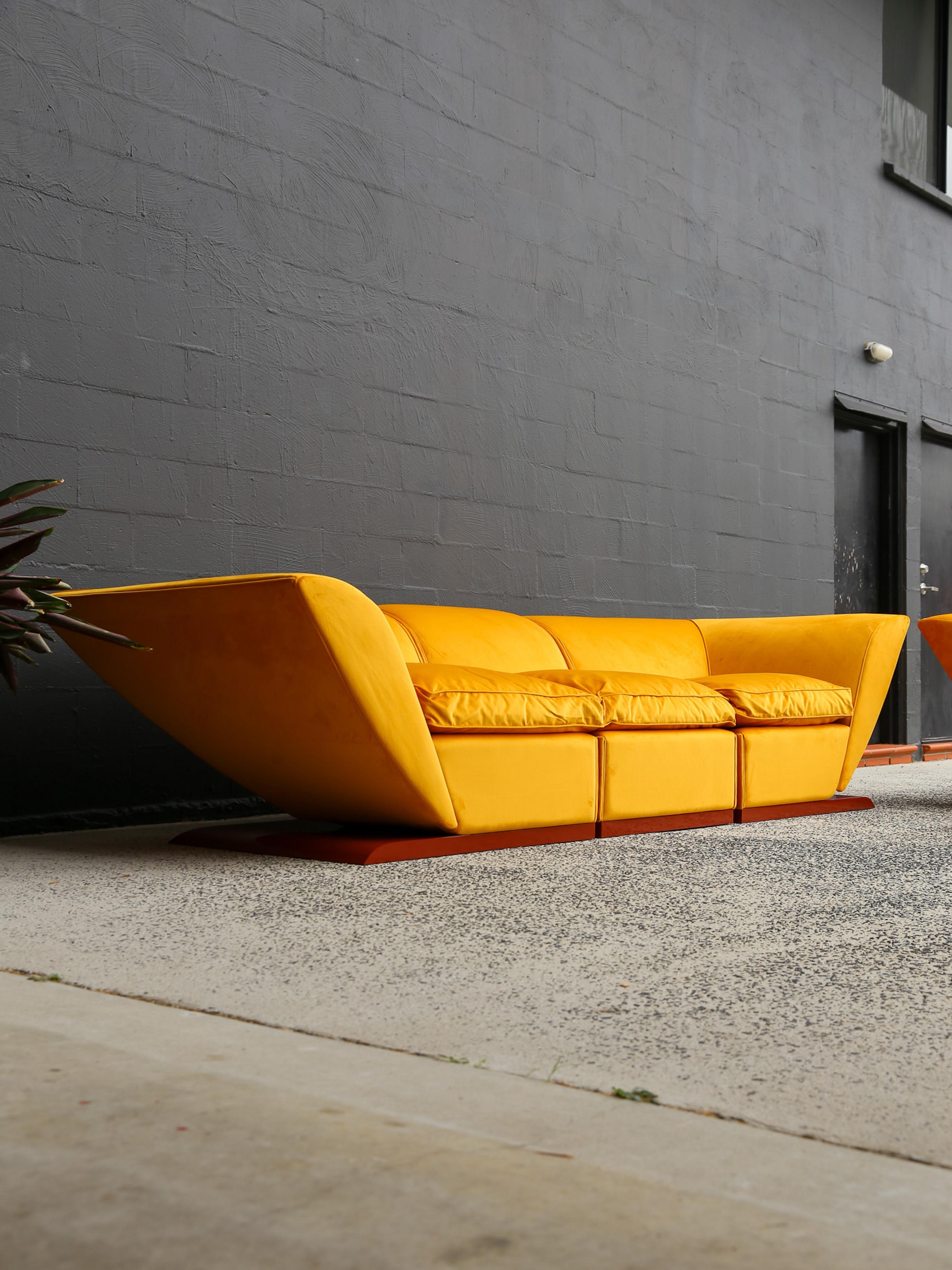 Marzio Cecchi Custom Floating Five Seater Sofa in Mustard Yellow Velvet For Sale 8