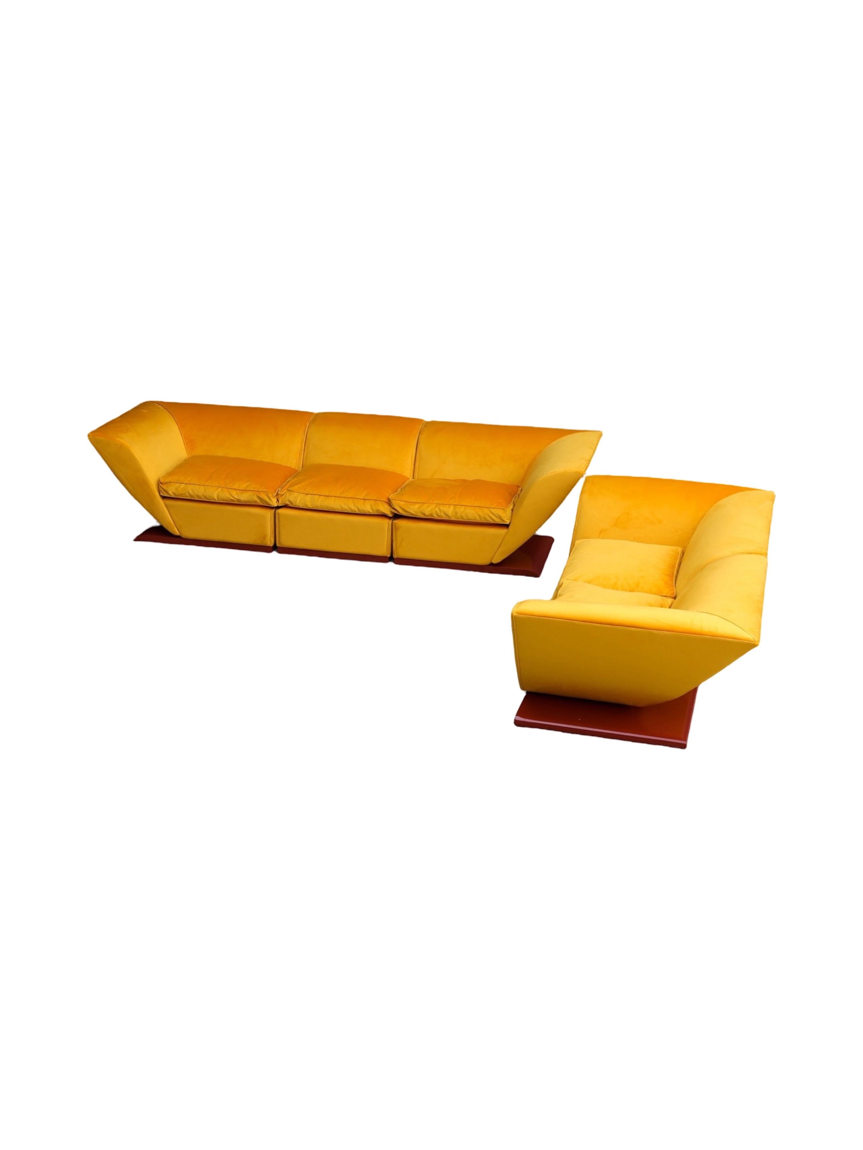 Marzio Cecchi Custom Floating Five Seater Sofa in Mustard Yellow Velvet For Sale 12