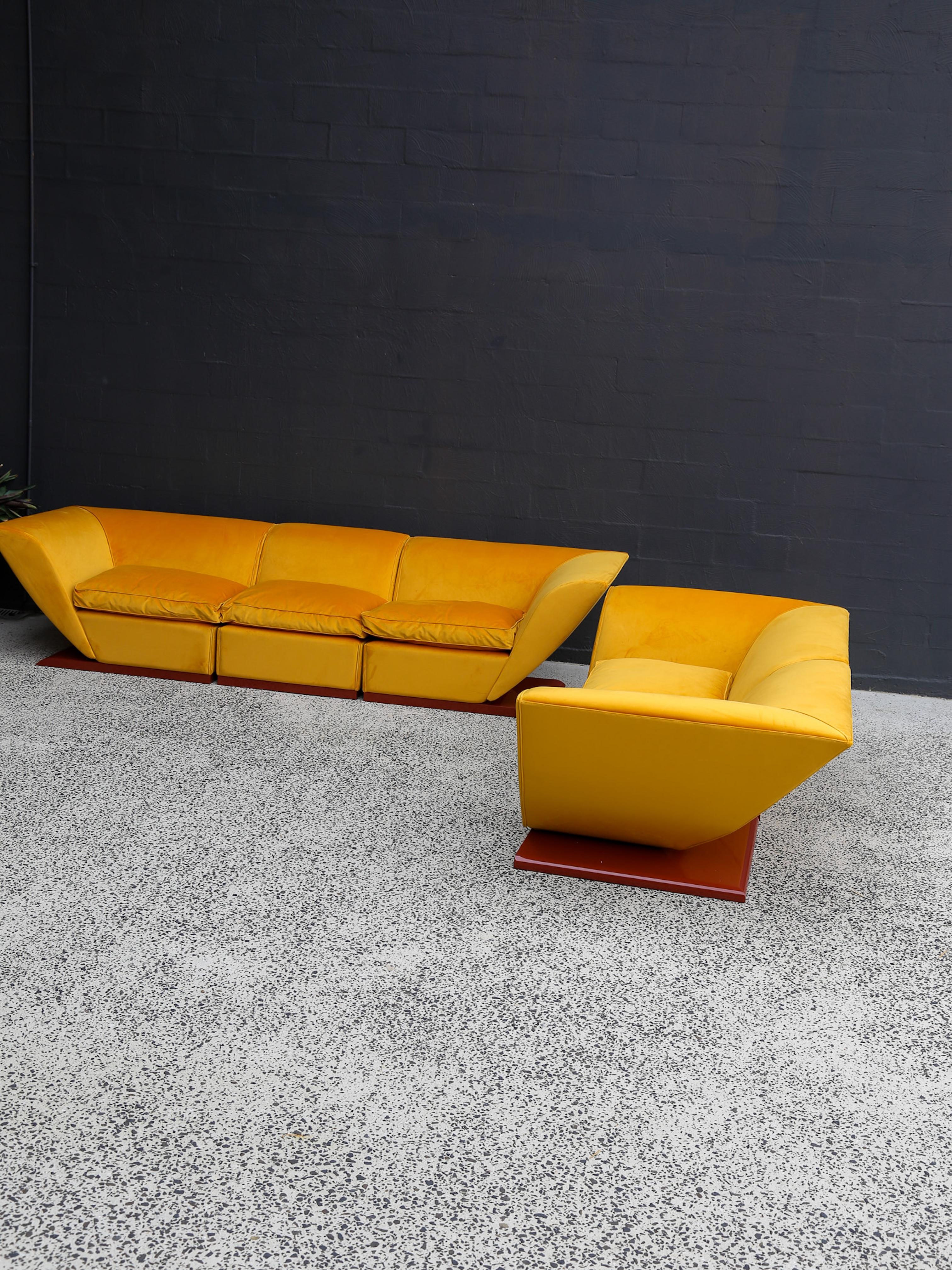 Italian Marzio Cecchi Custom Floating Five Seater Sofa in Mustard Yellow Velvet For Sale
