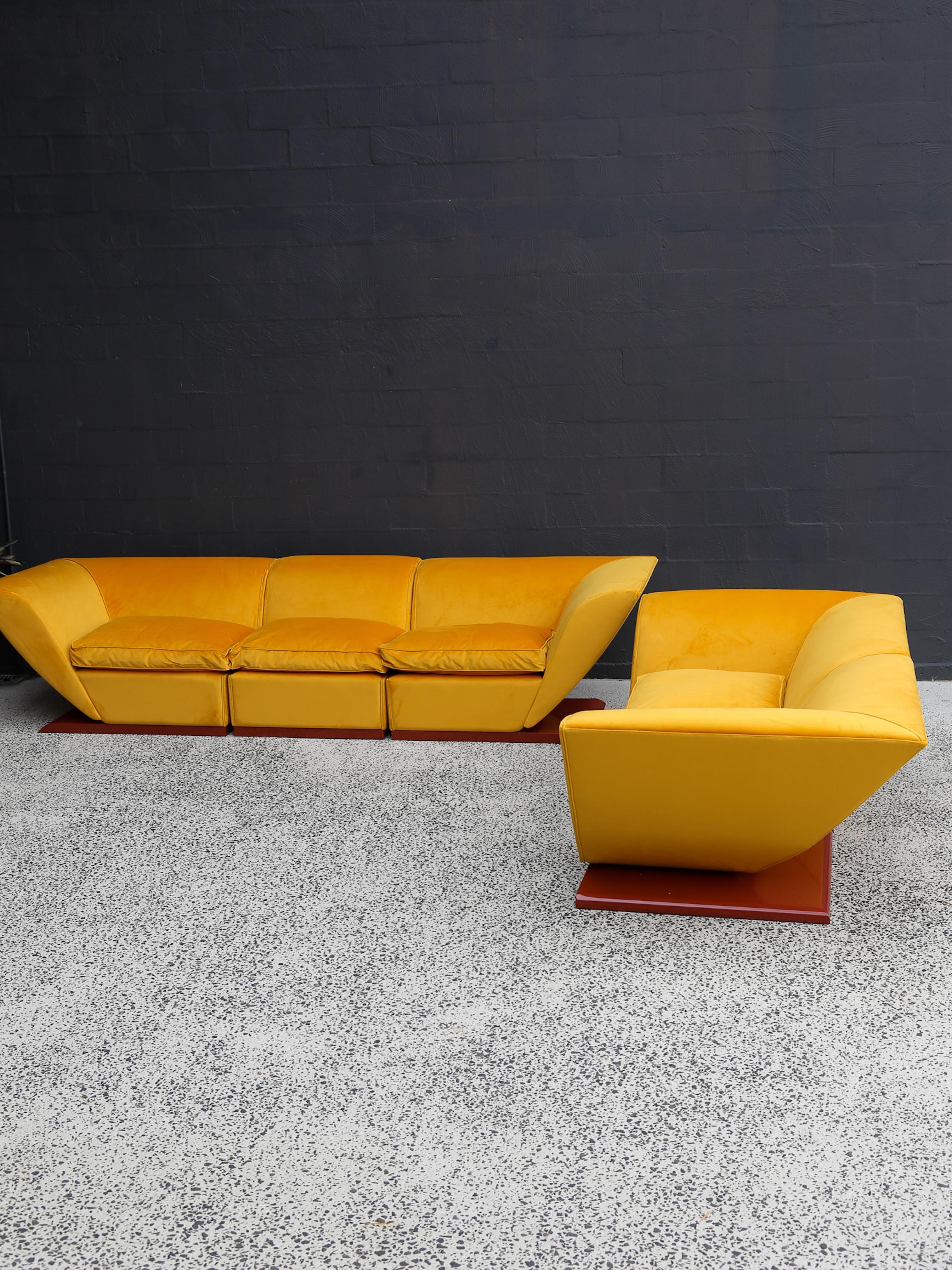 Marzio Cecchi Custom Floating Five Seater Sofa in Mustard Yellow Velvet In Good Condition For Sale In Byron Bay, NSW