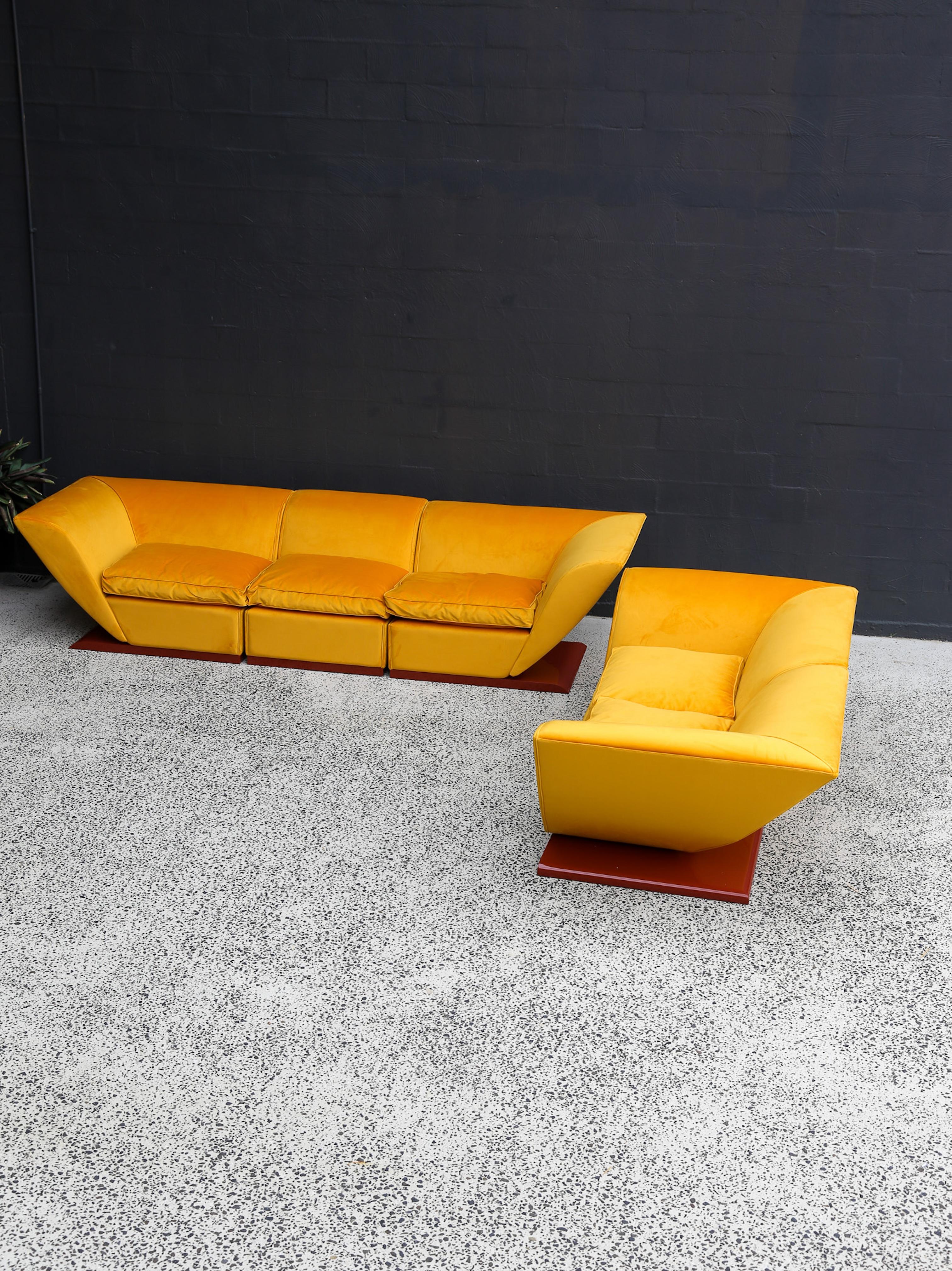 Late 20th Century Marzio Cecchi Custom Floating Five Seater Sofa in Mustard Yellow Velvet For Sale