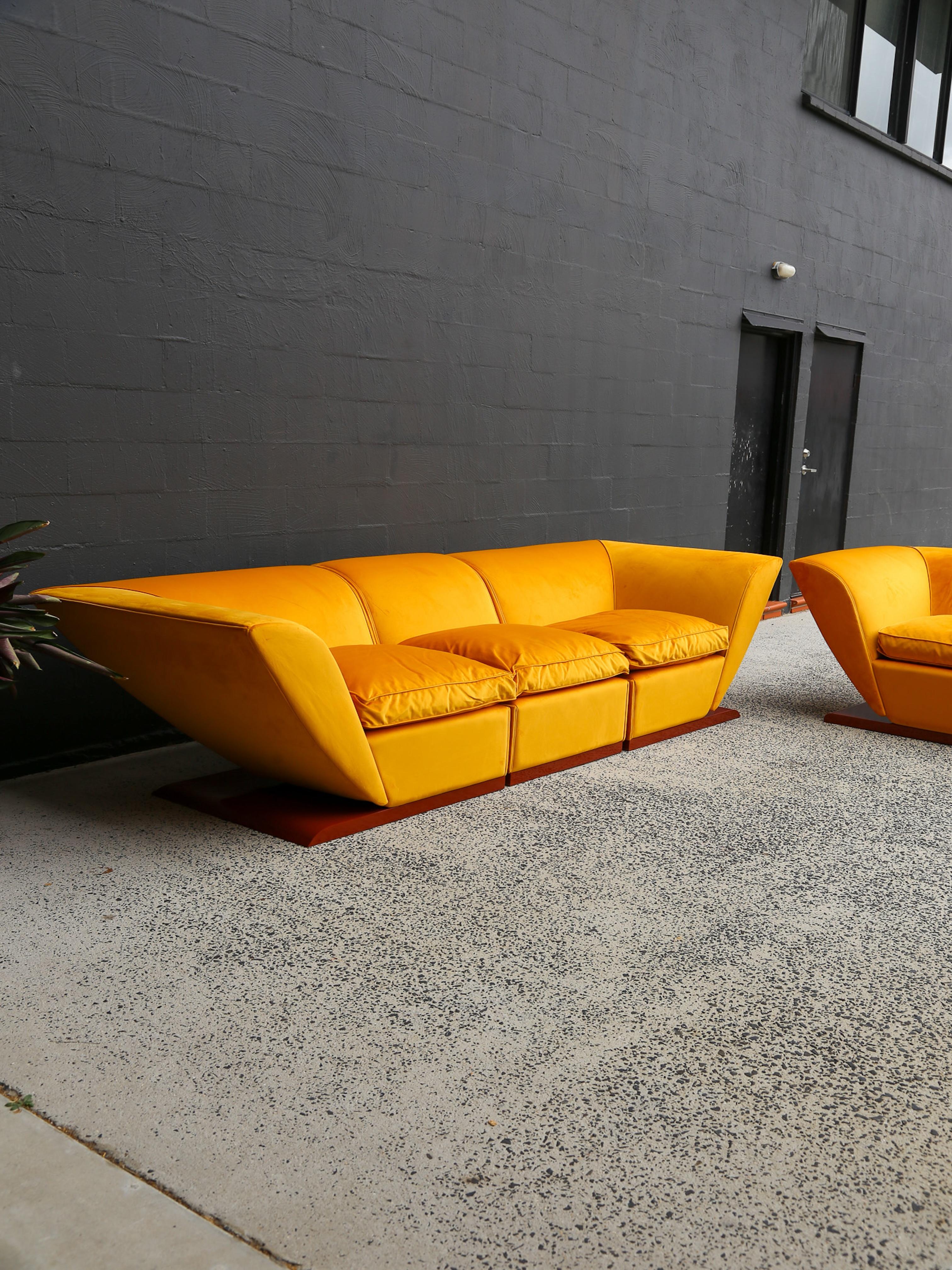 Marzio Cecchi Custom Floating Five Seater Sofa in Mustard Yellow Velvet For Sale 1