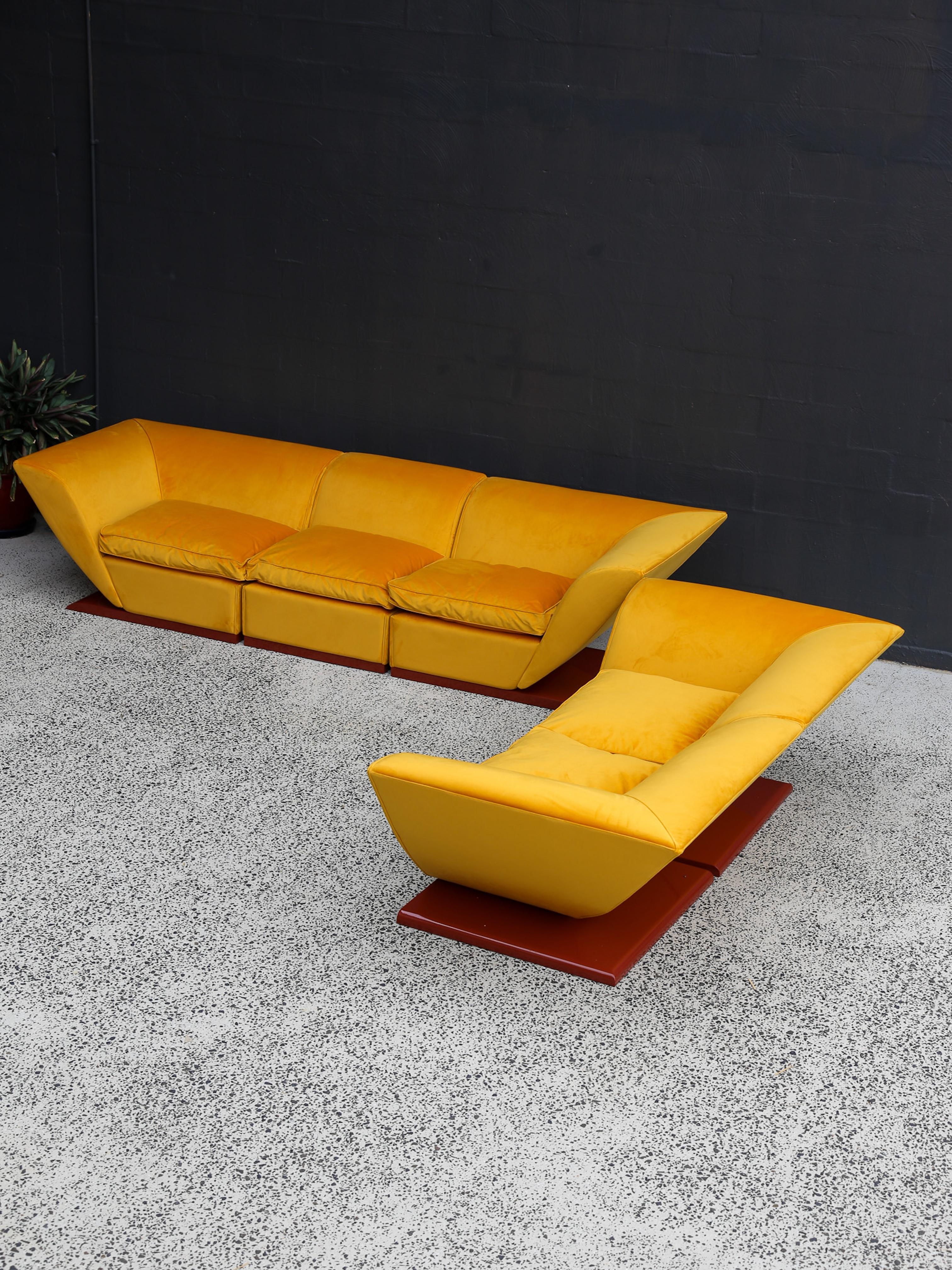 Marzio Cecchi Custom Floating Five Seater Sofa in Mustard Yellow Velvet For Sale 1