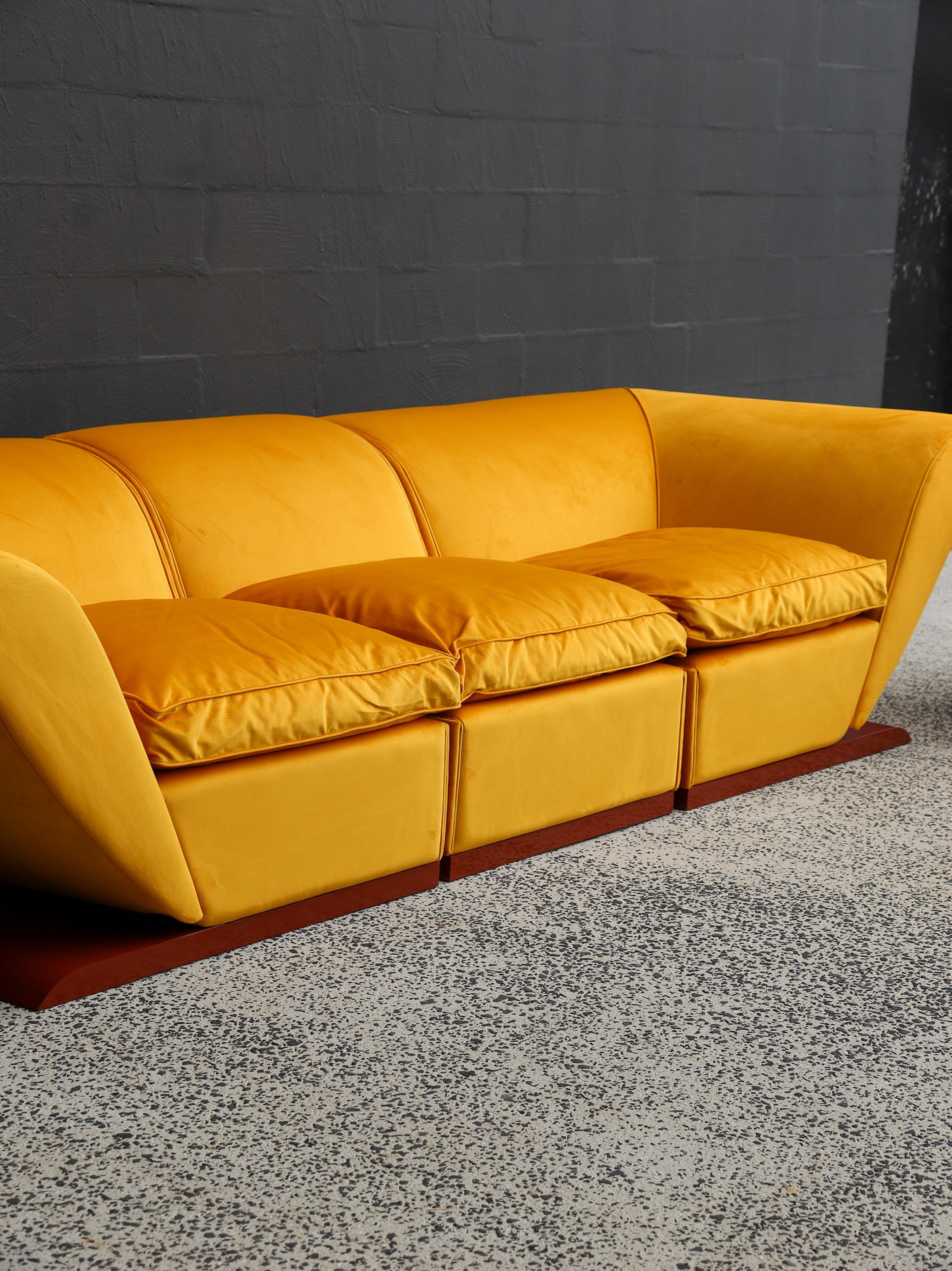 Marzio Cecchi Custom Floating Five Seater Sofa in Mustard Yellow Velvet For Sale 2