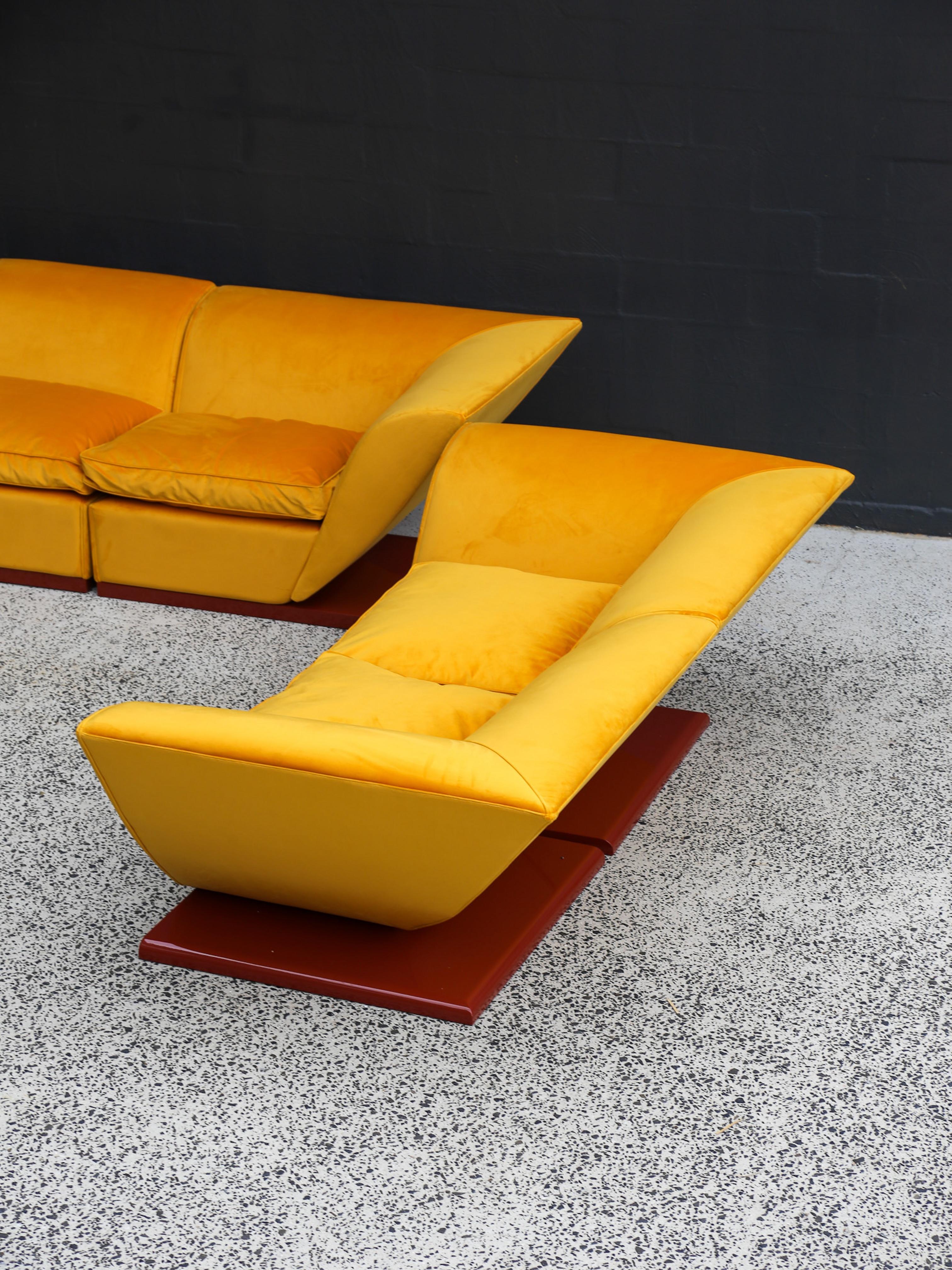 Marzio Cecchi Custom Floating Five Seater Sofa in Mustard Yellow Velvet For Sale 2