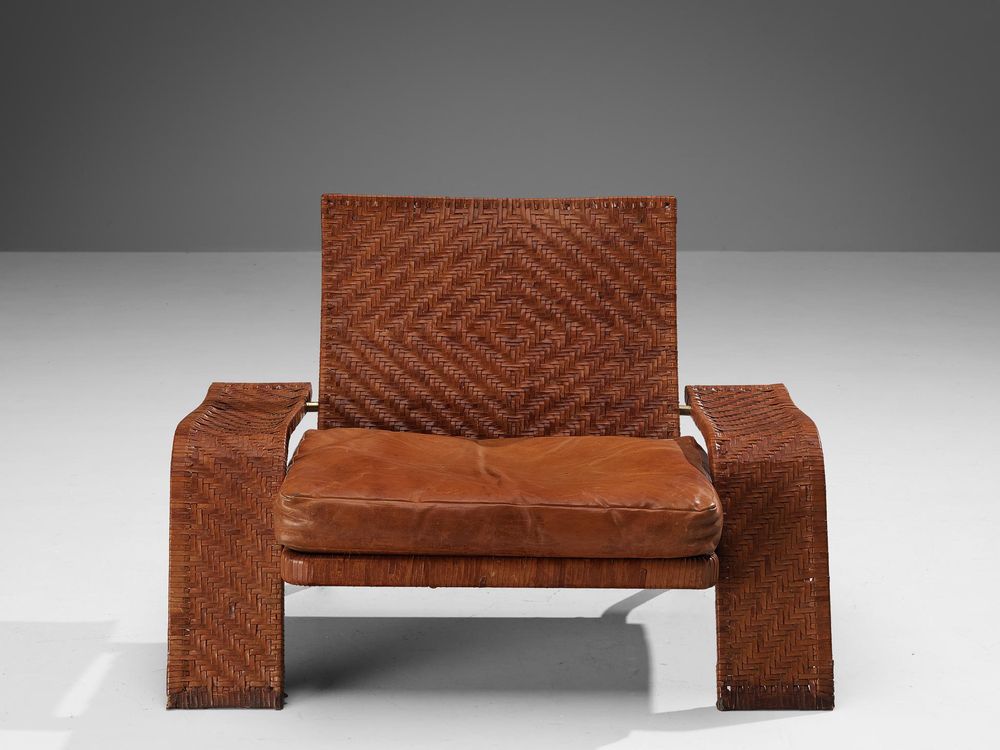 Mid-Century Modern Marzio Cecchi for Studio Most Lounge Chair in Woven Cognac Leather  For Sale