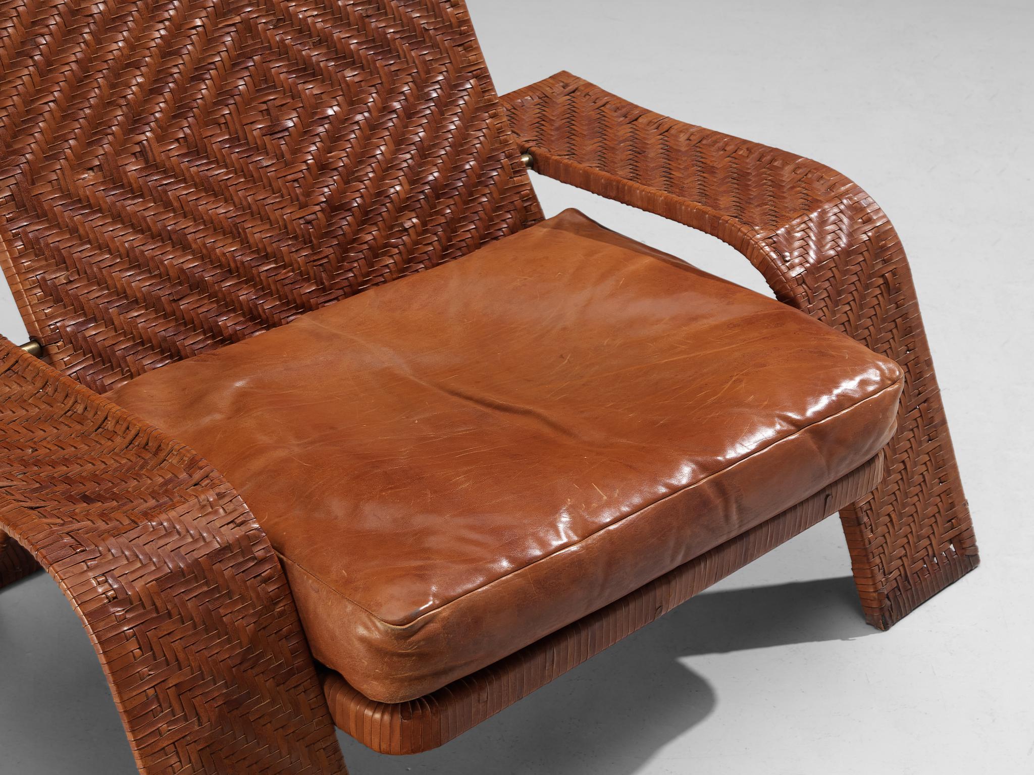 Late 20th Century Marzio Cecchi for Studio Most Lounge Chair in Woven Cognac Leather  For Sale