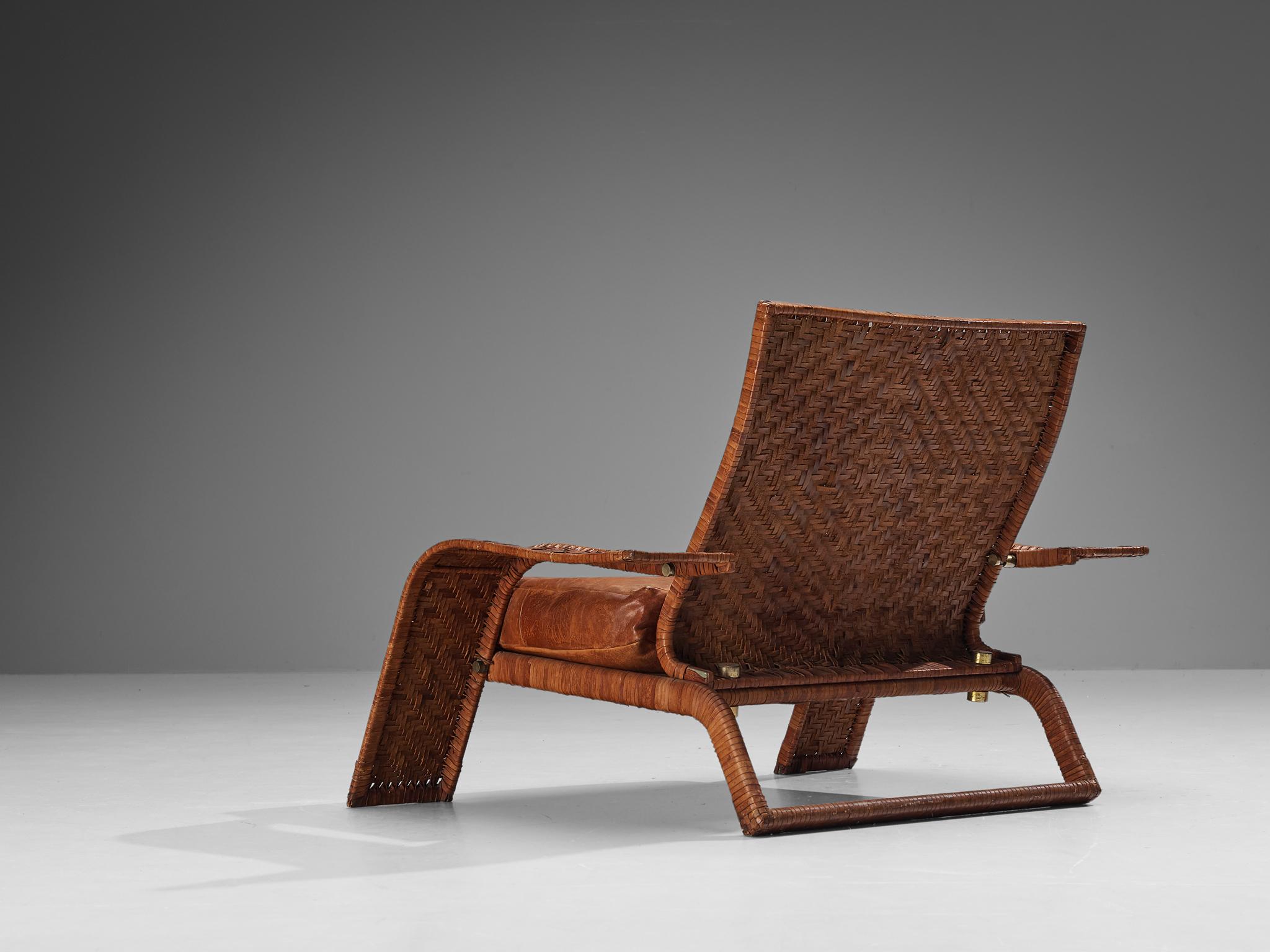 Brass Marzio Cecchi for Studio Most Lounge Chair in Woven Cognac Leather  For Sale