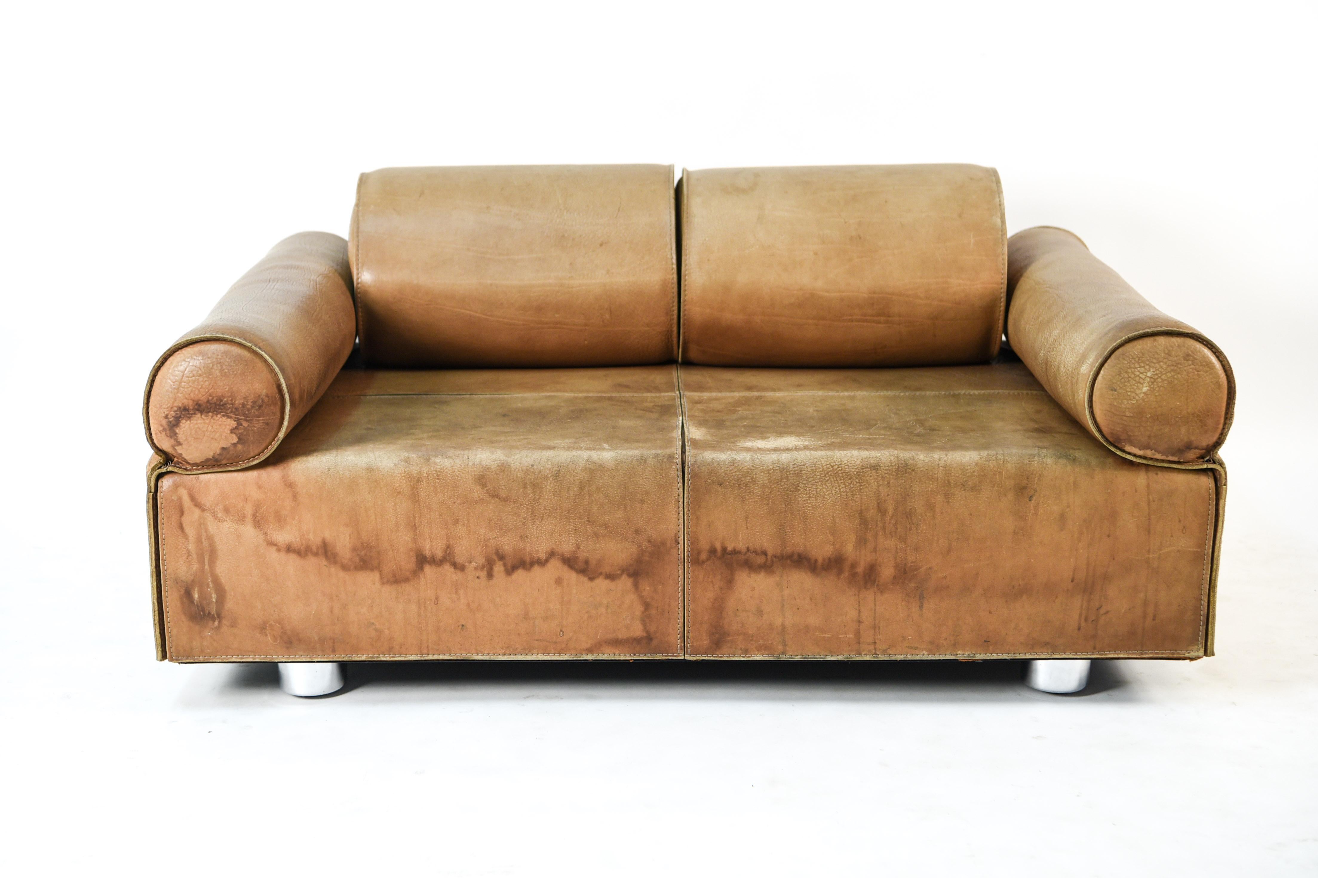 Mid-Century Modern Marzio Cecchi Italian Brown Buffalo Leather Sofa, 1970