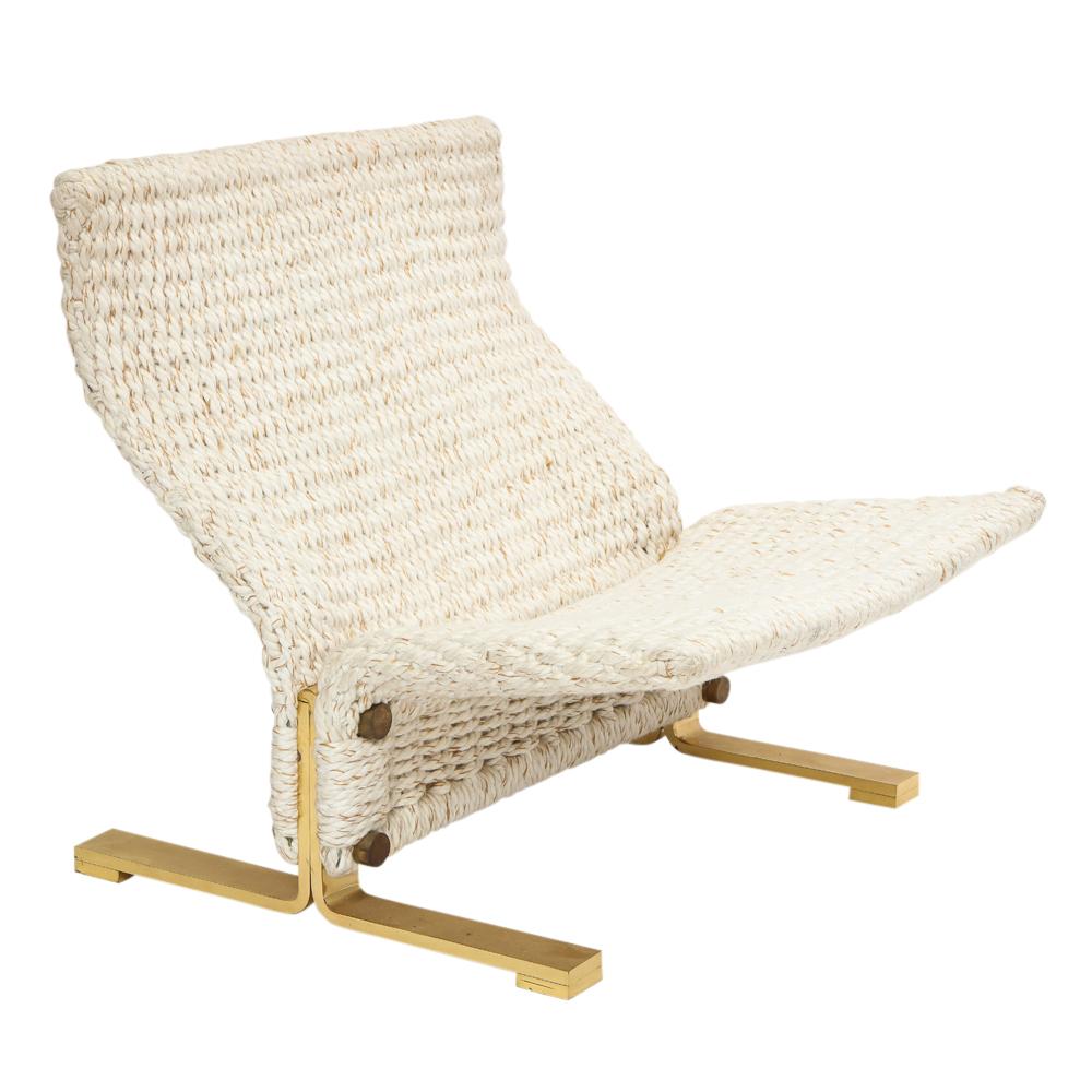 Mid-Century Modern Marzio Cecchi Lounge Chair and Ottoman, Woven Rope and Brass