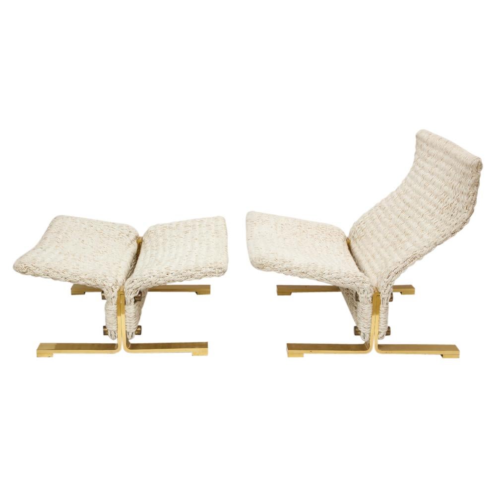 Polished Marzio Cecchi Lounge Chair and Ottoman, Woven Rope and Brass