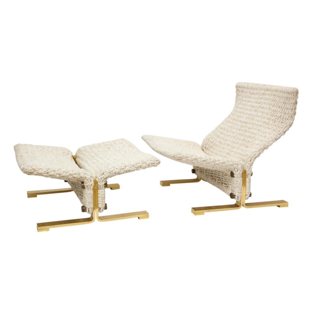 Marzio Cecchi Lounge Chair and Ottoman, Woven Rope and Brass In Good Condition In New York, NY