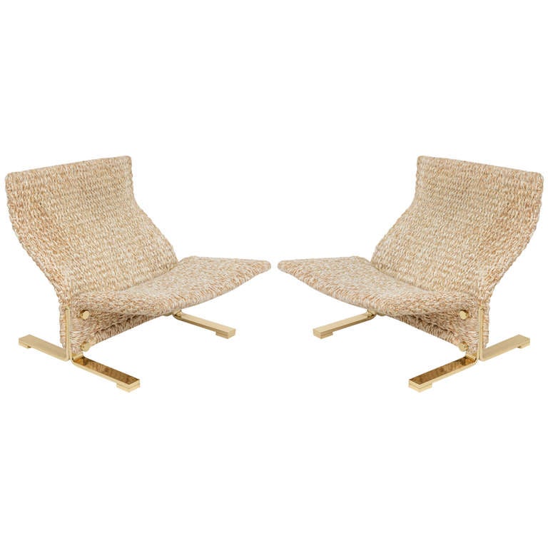 Marzio Cecchi lounge chairs, woven knitted rope and brass. Heavy and solidly constructed. They are solid 3/4
