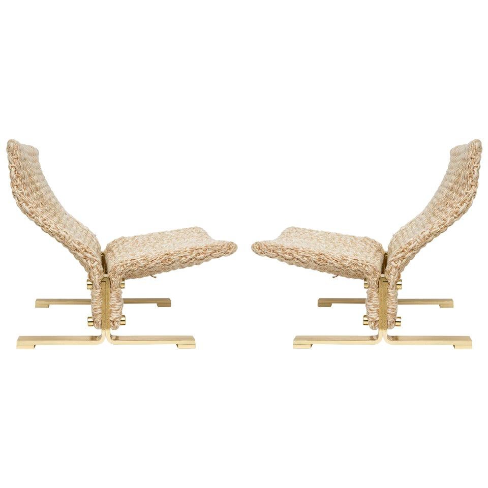 Marzio Cecchi Lounge Chairs, Woven Rope and Brass