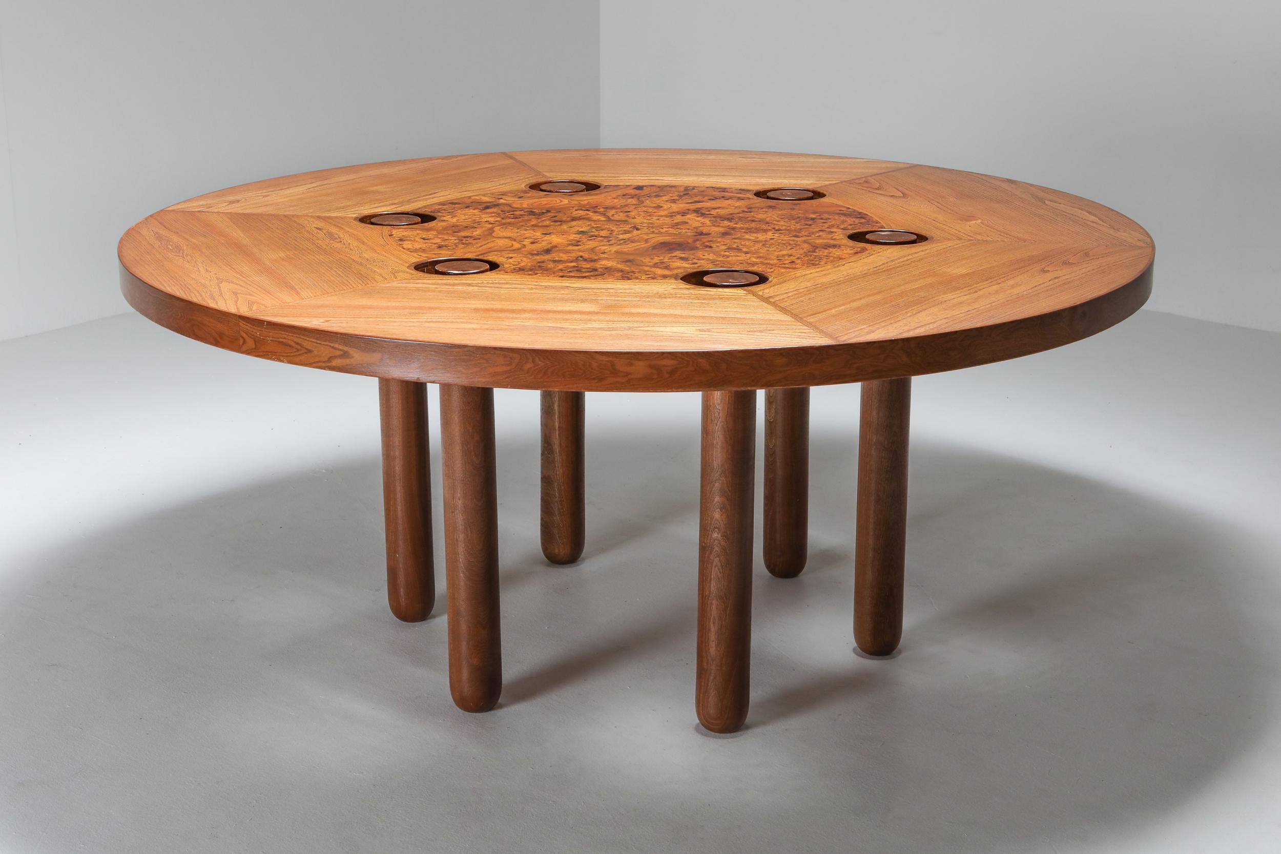 Italian design round dining table by Marzio Cecchi, oak, burl

Marzio Cecchi was interior designer, architect, furniture designer. Artist.
He made everything custom for his projects in high-end materials.
Truly one of Italy's greats.
His