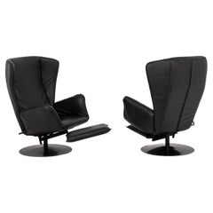 Retro Pair of Italian Armchairs in Black Leather 