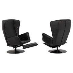 Vintage Pair of Italian Armchairs in Black Leather 