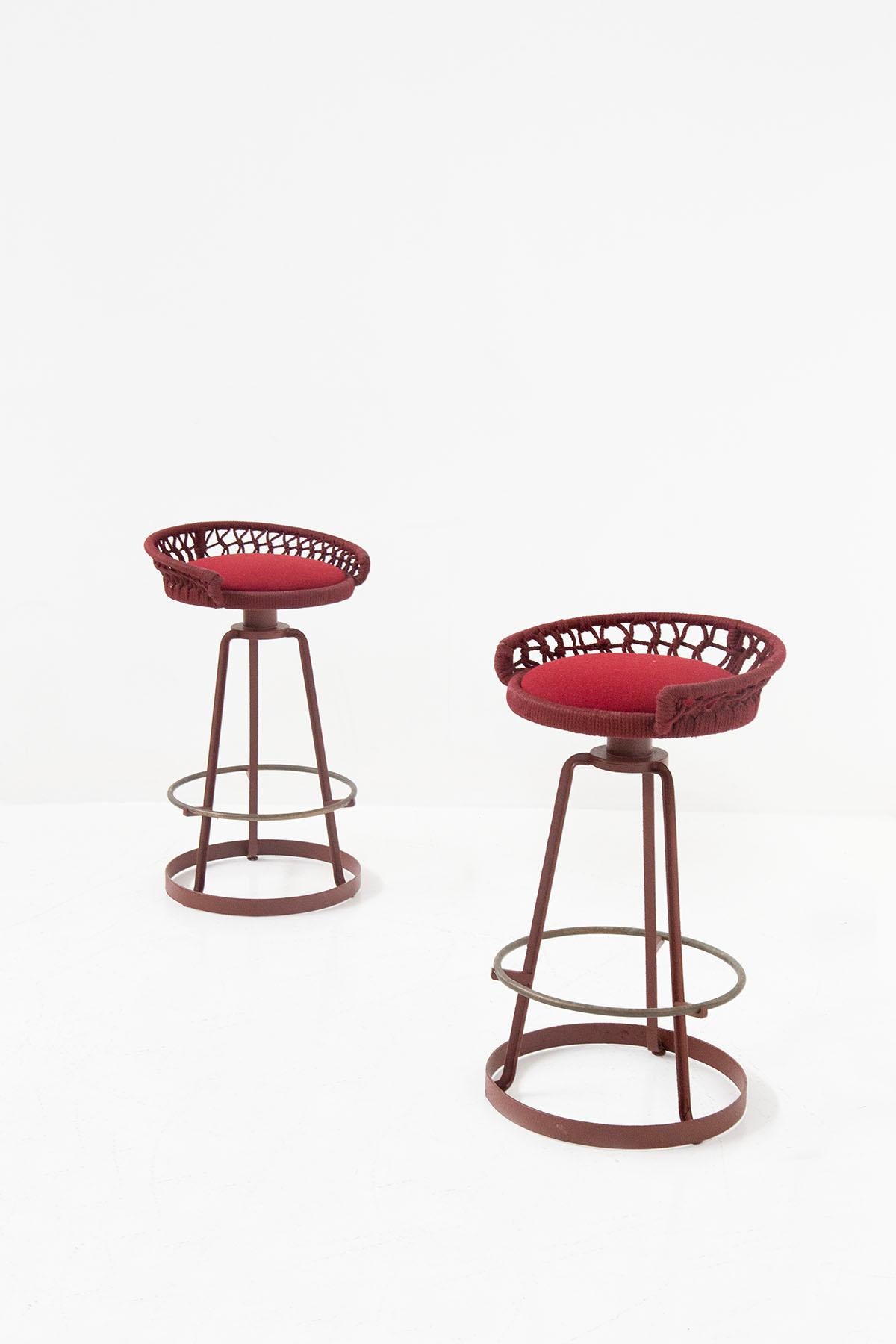 Mid-Century Modern Marzio Cecchi Pair of Italian Red Rope High Stools For Sale