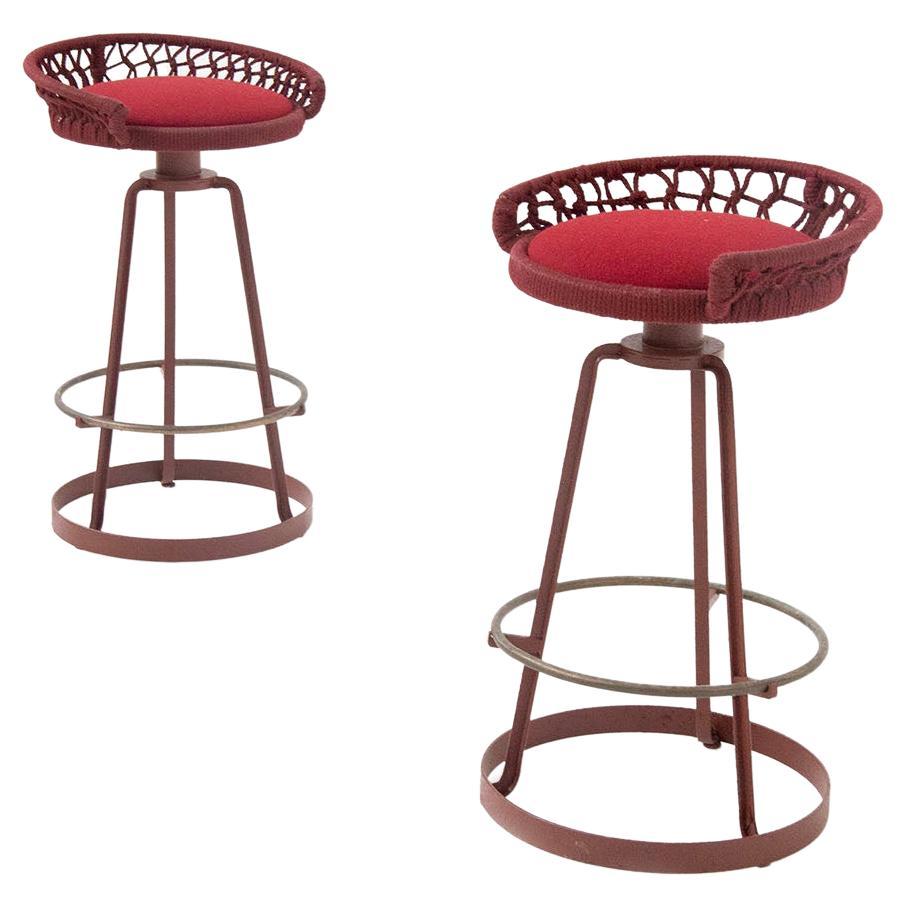 Marzio Cecchi Pair of Italian Red Rope High Stools For Sale