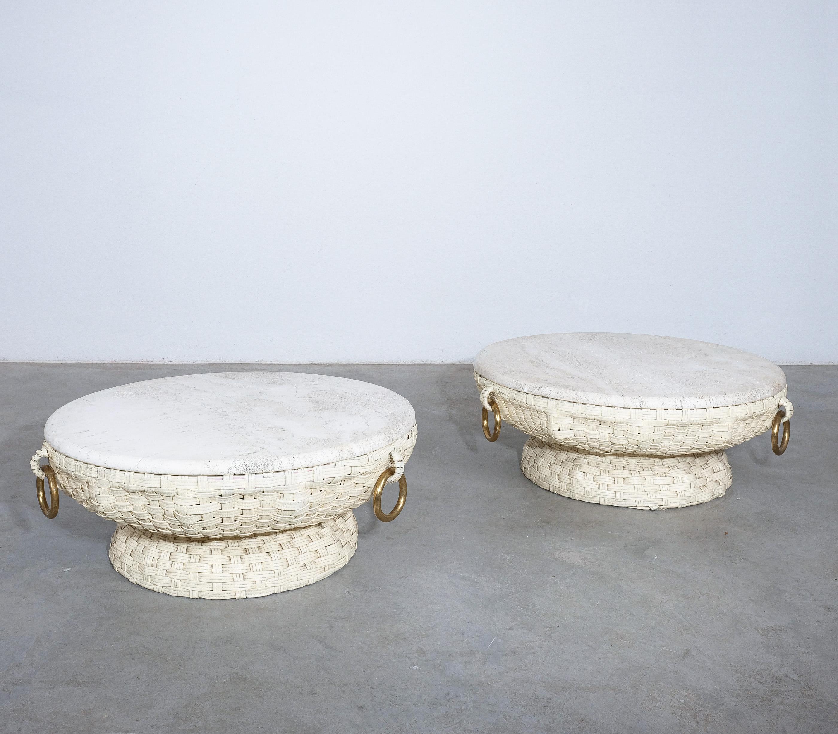 Marzio Cecchi Pair of Leather Travertine Brass Low Coffee Tables, Circa 1970 In Good Condition For Sale In Vienna, AT