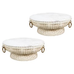 Marzio Cecchi Pair of Leather Travertine Brass Low Coffee Tables, Circa 1970