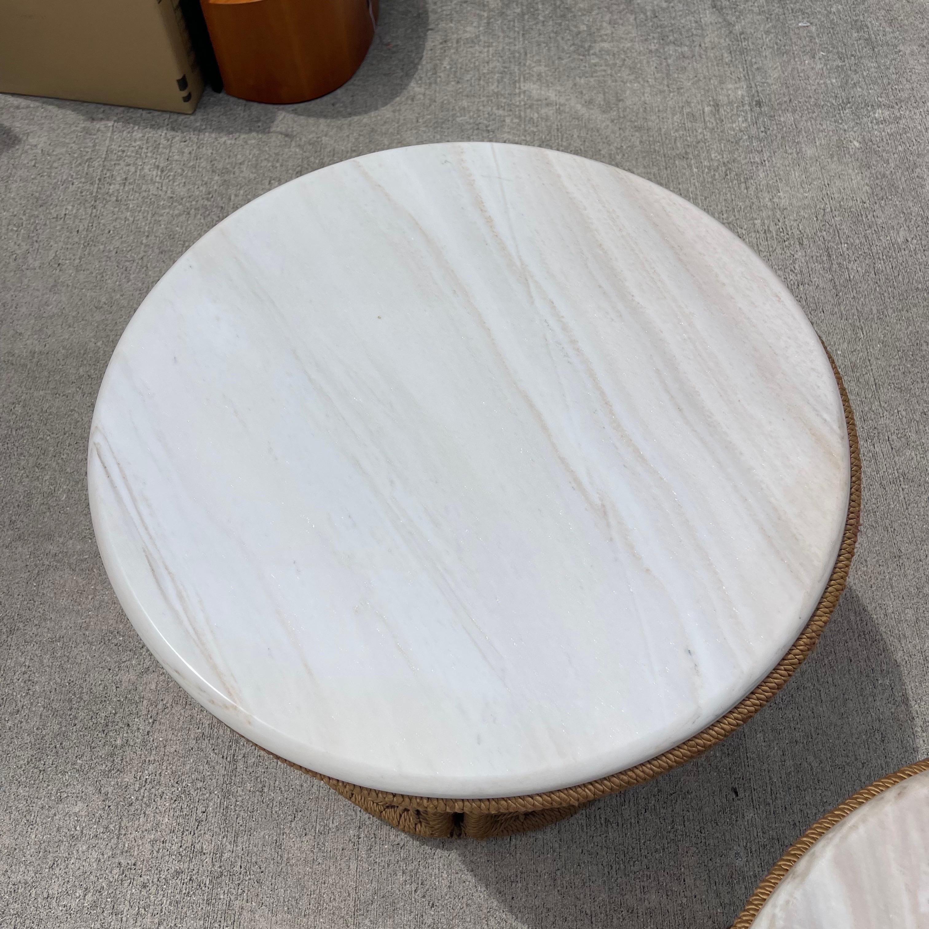 Métal Marzio Cecchi Studio Most Rope Travertine Top Side Tables or Nightstands, a Pair en vente